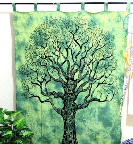 Handmade Mandala Curtain - Panther Green Tree of Life Tapestry for Window Treatment (82x54 Inch) - Perfect for Boho Bedroom Decor