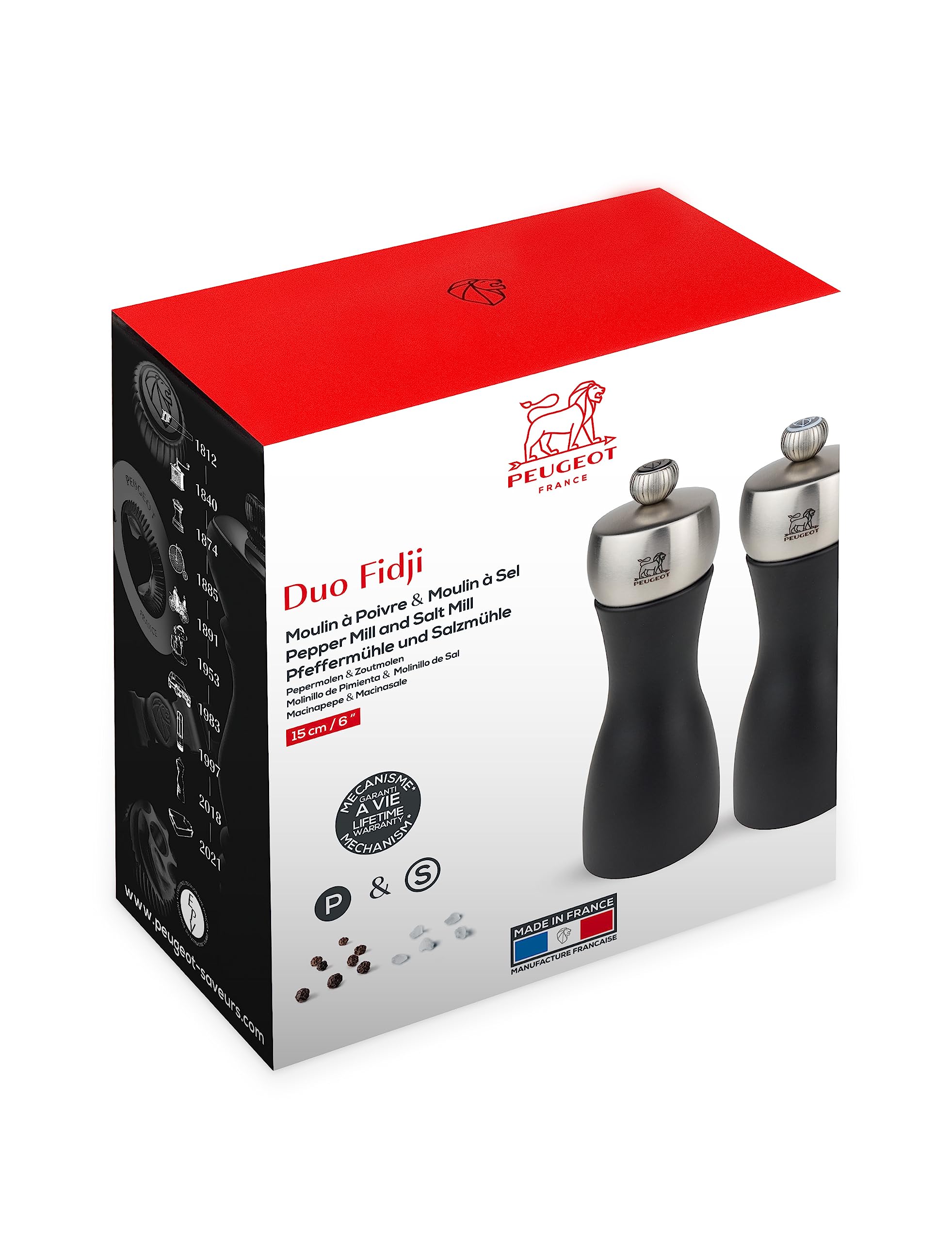 Premium Peugeot Fidji 6-Inch Black Matte Salt and Pepper Mill Set - Durable French-Made Grinders for Gourmet Cooking & Fine Dining