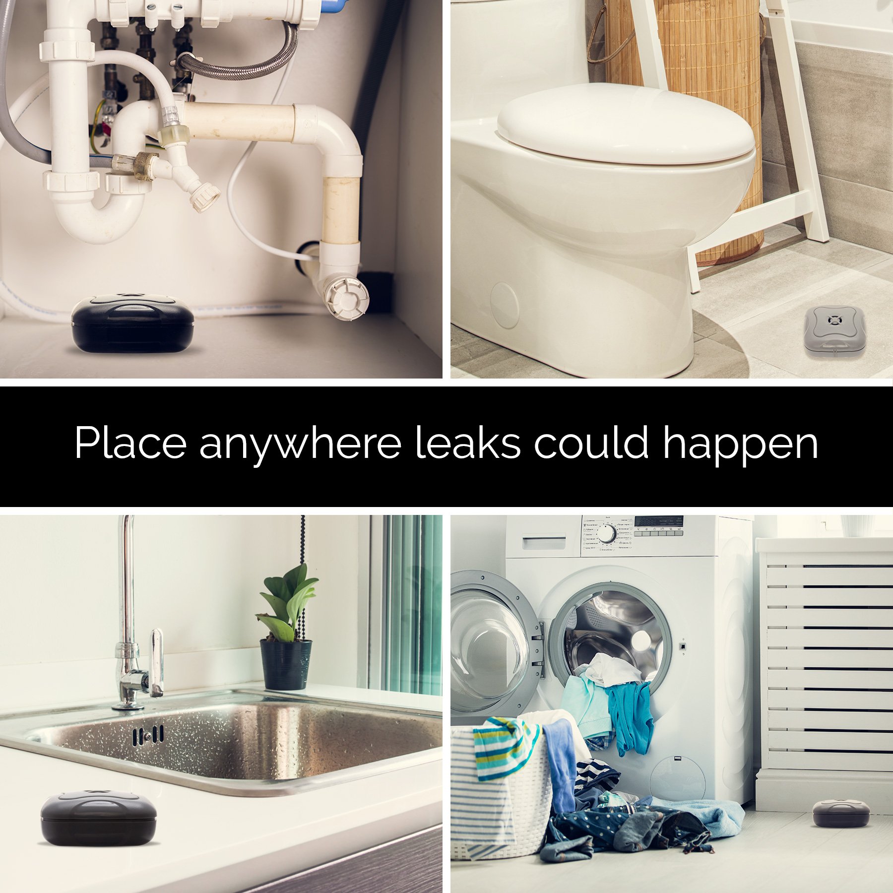 4 Pack Water Leak Detector Alarm - 95dB Loud Flood Sensor for Bathroom, Basement, Laundry, Garage, Attic & Kitchen | Grey by Mindful Design | Prevent Water Damage & Mold Growth