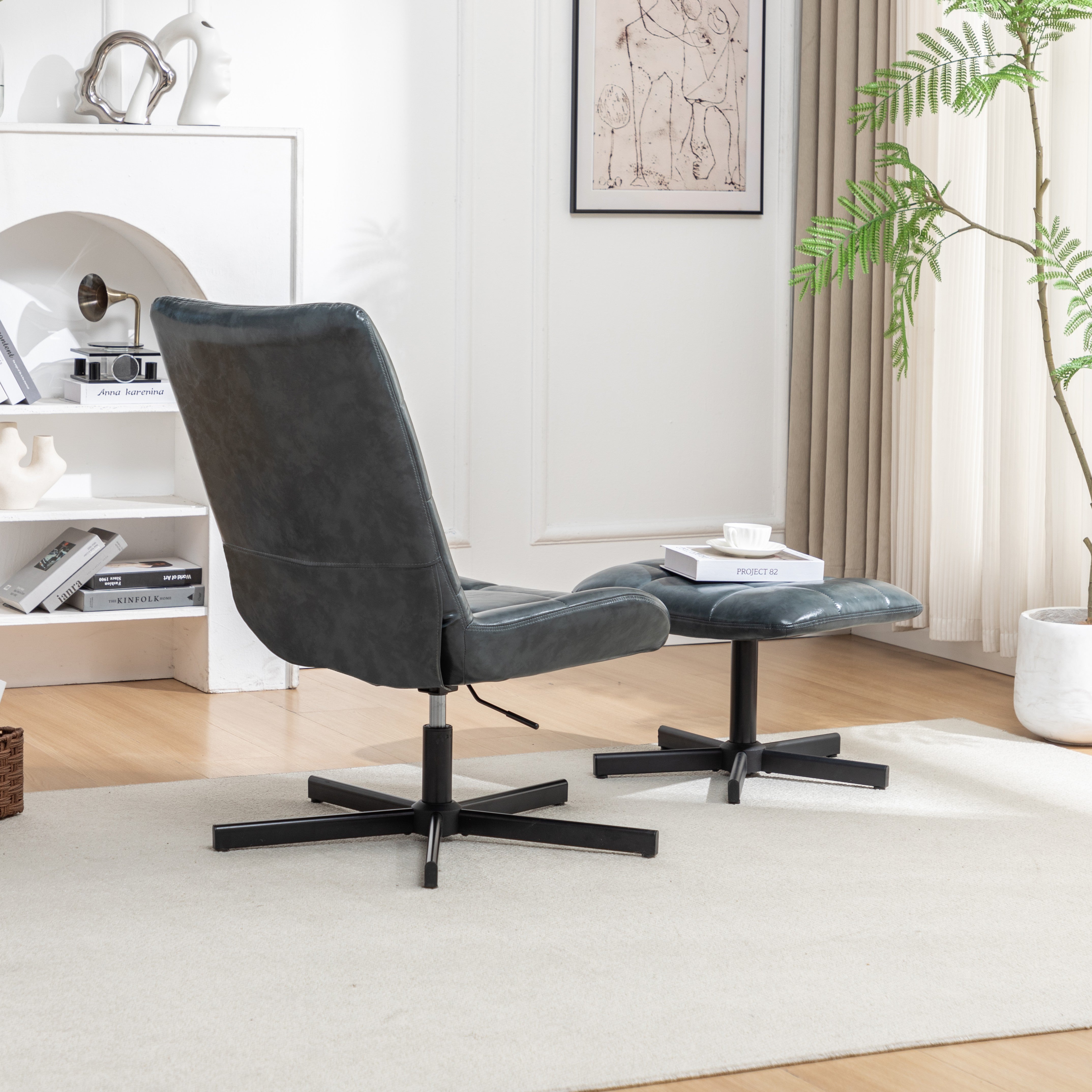 Roundhill Furniture Arlena Faux Leather Tufted Accent Chair with Ottoman Set - Modern Living Room Seating for Home Office, Bedroom or Lounge Area