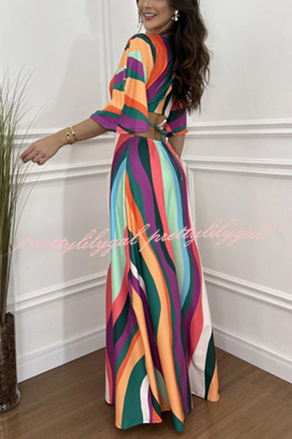 Wilma Unique Print Cutout Elastic Waist Tie Up Kimono Sleeve Maxi Dress - Women's Flowy Summer Beach Cover Up Dress for Vacation, Party & Boho Fashion