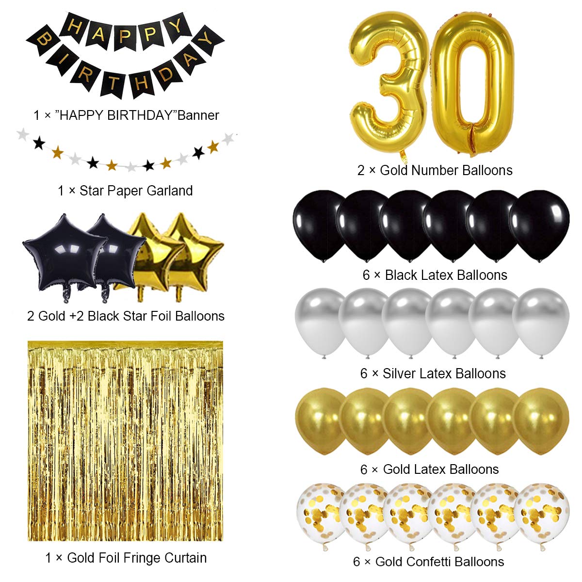 Black and Gold 30th Birthday Party Decorations - Foil Number 30 Balloon & Banner Set for 30 Years Old Celebration - Perfect for Milestone Birthday Parties, Anniversaries & Special Events