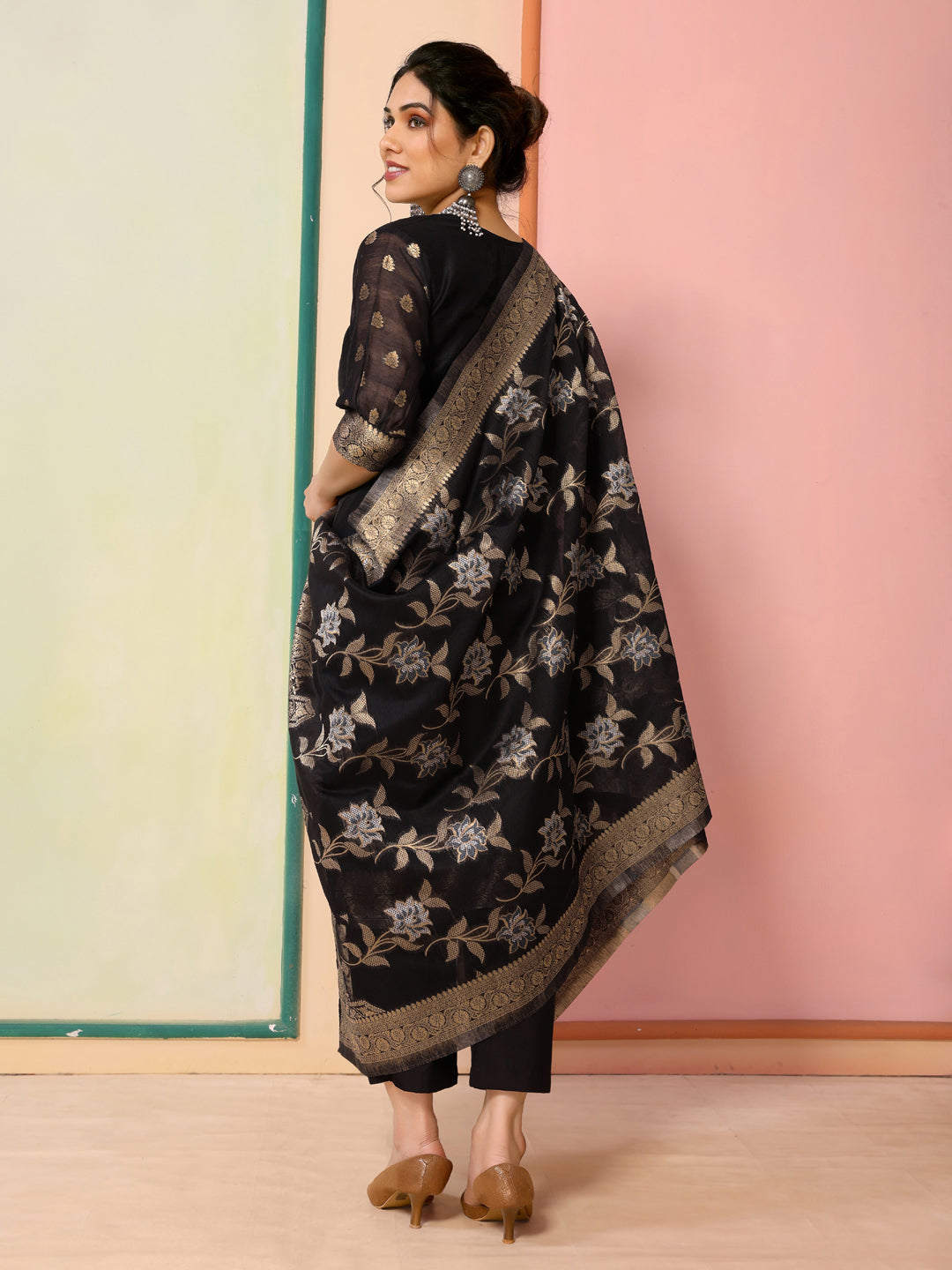 Black Designer Readymade Chanderi Pant Suit With Wevon Jacquard - Elegant Women's Formal Wear for Office, Parties & Special Occasions