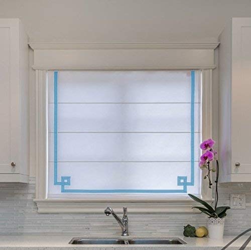 LOGANOVA Custom Flat Roman Shade - White Background with Baby Blue Greek Key Border | Premium Blackout Lining & Smooth Chain Mechanism | Perfect for Nursery, Living Room & Home Office Window Treatments