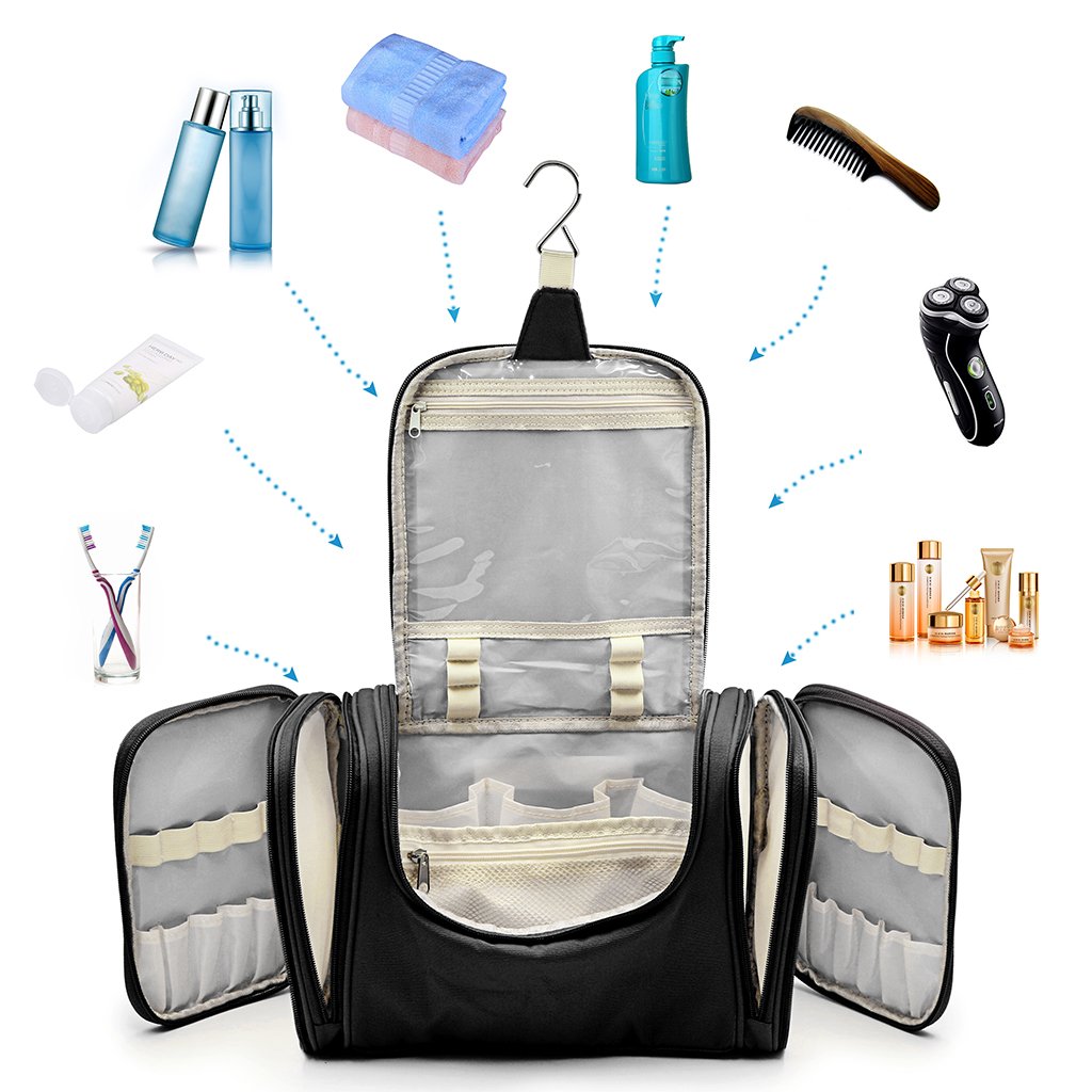 IGNPION Large Hanging Toiletry Bag - Waterproof Travel Makeup Organizer with Multiple Pockets for Business Travel, Vacation & Home Storage (Black) | Perfect for Cosmetics, Toiletries & Travel Essentials Organization