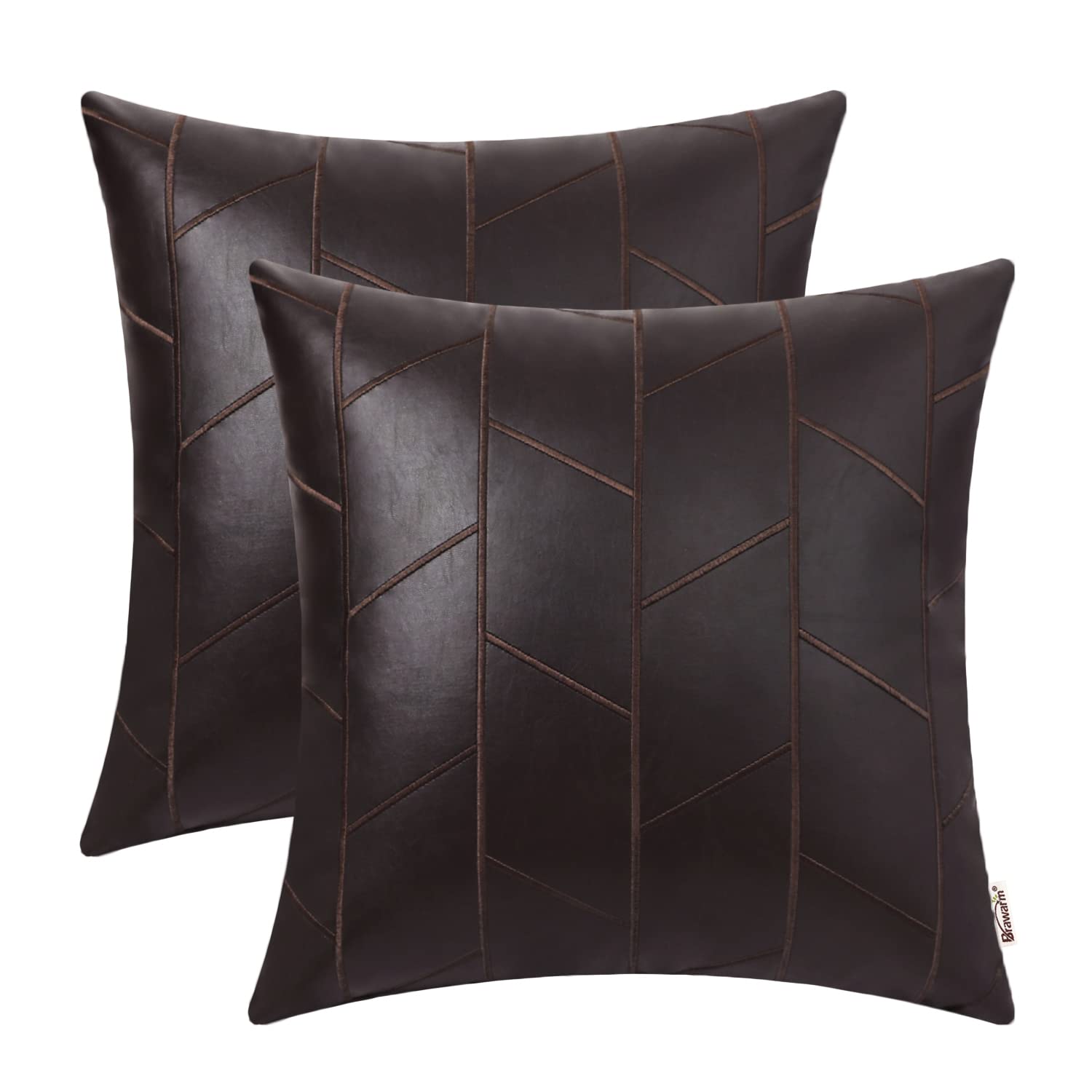 BRAWARM 16x16 Inch Faux Leather Pillow Covers Set of 2 - Brown Geometric Embroidery Decorative Throw Pillows for Couch, Sofa, Bed & Living Room - Home Decor Accent for Modern & Farmhouse Style