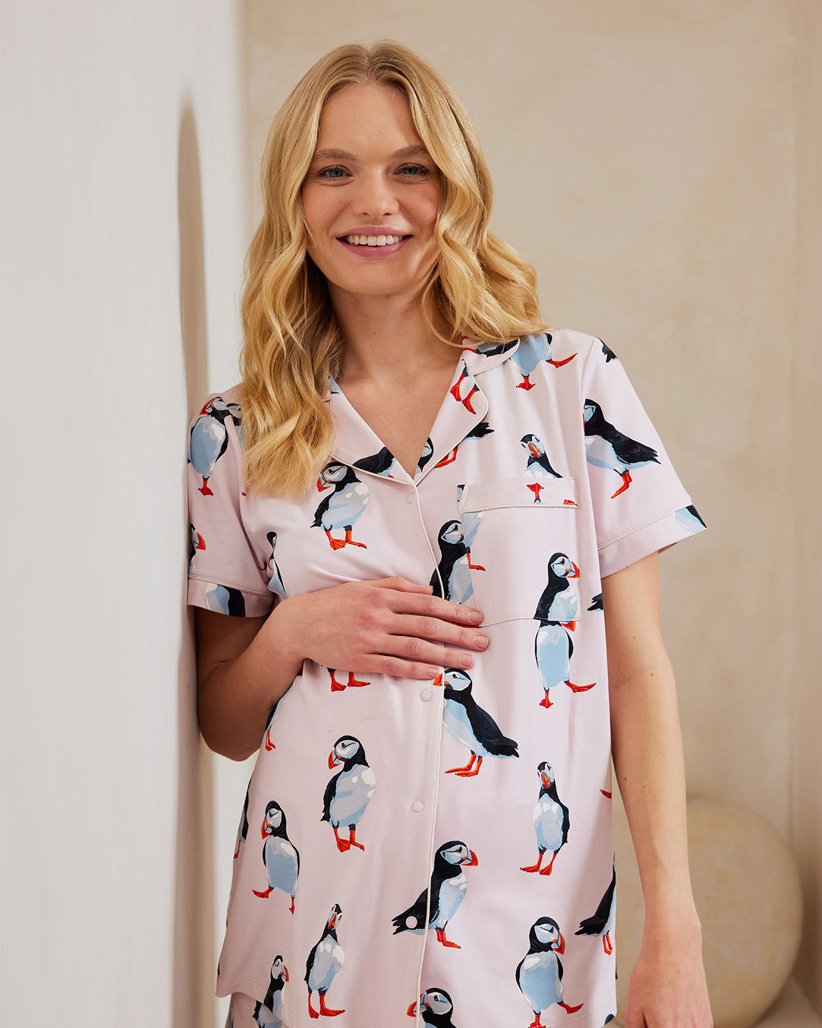 Organic Cotton Maternity Pajama Set with Cute Puffin Print - Soft & Comfortable Sleepwear for Pregnant Women - Perfect for Relaxing at Home or Hospital Stay