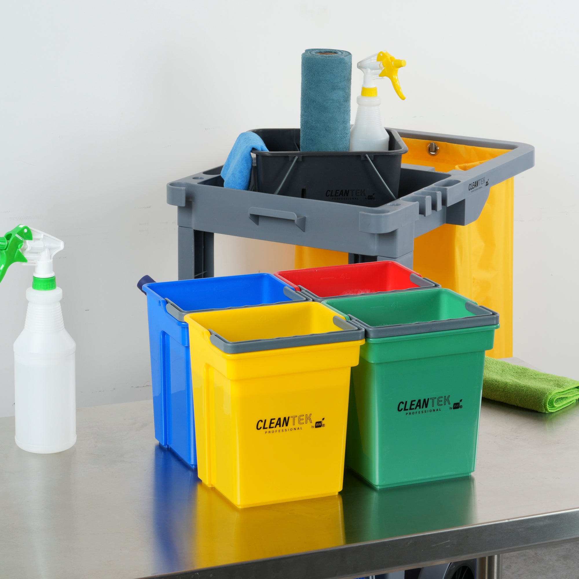 4-Piece Color-Coded Cleaning Bucket Set (Green, Blue, Red, Yellow) - 4 Qt Capacity - Perfect for Home, Office & Commercial Cleaning Organization