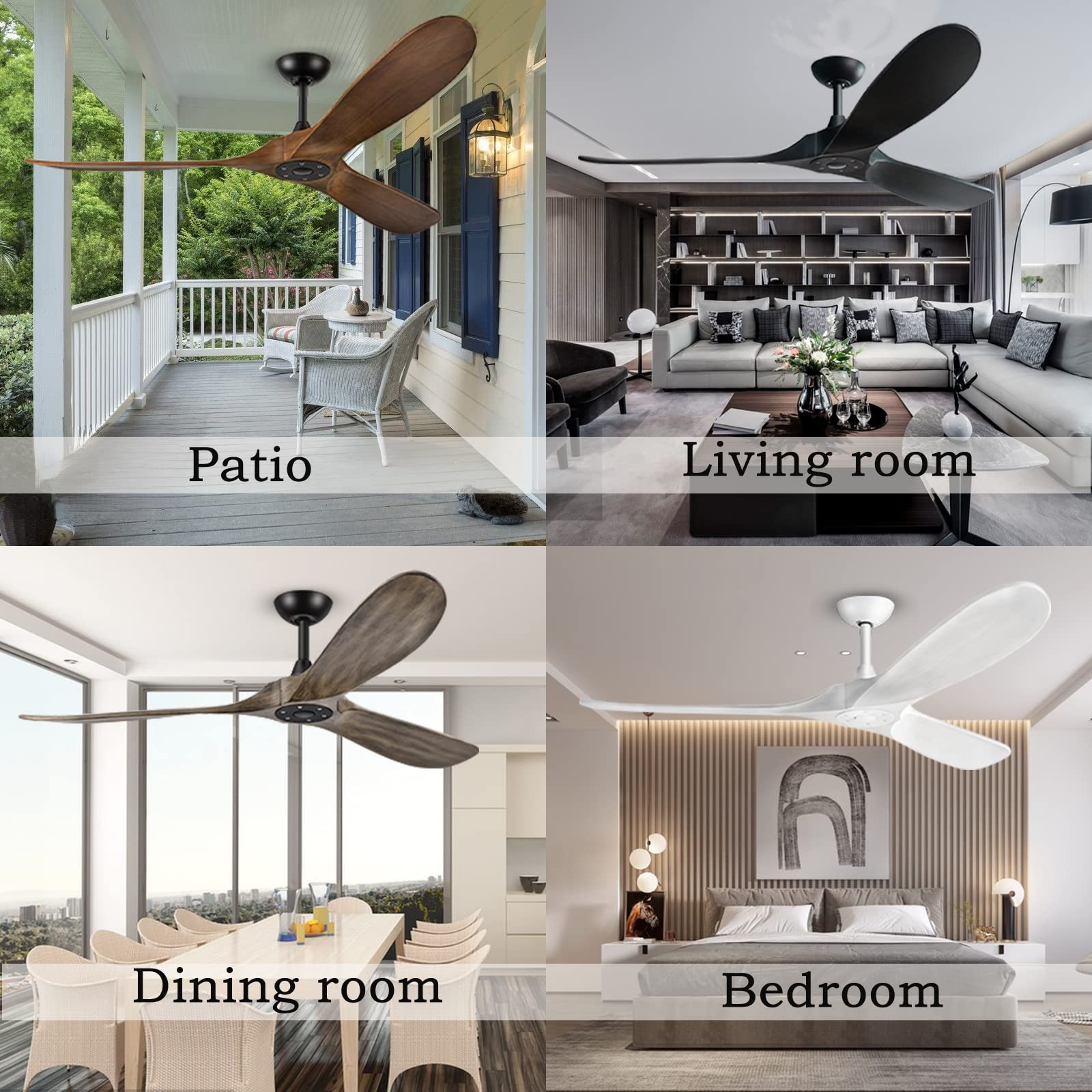 60 Inch Modern Ceiling Fan with 3 Wood Blades - Noiseless Reversible DC Motor & Remote Control - Large Indoor/Outdoor Ceiling Fan without Light - Perfect for Bedroom, Living Room, Patio & Farmhouse - White
