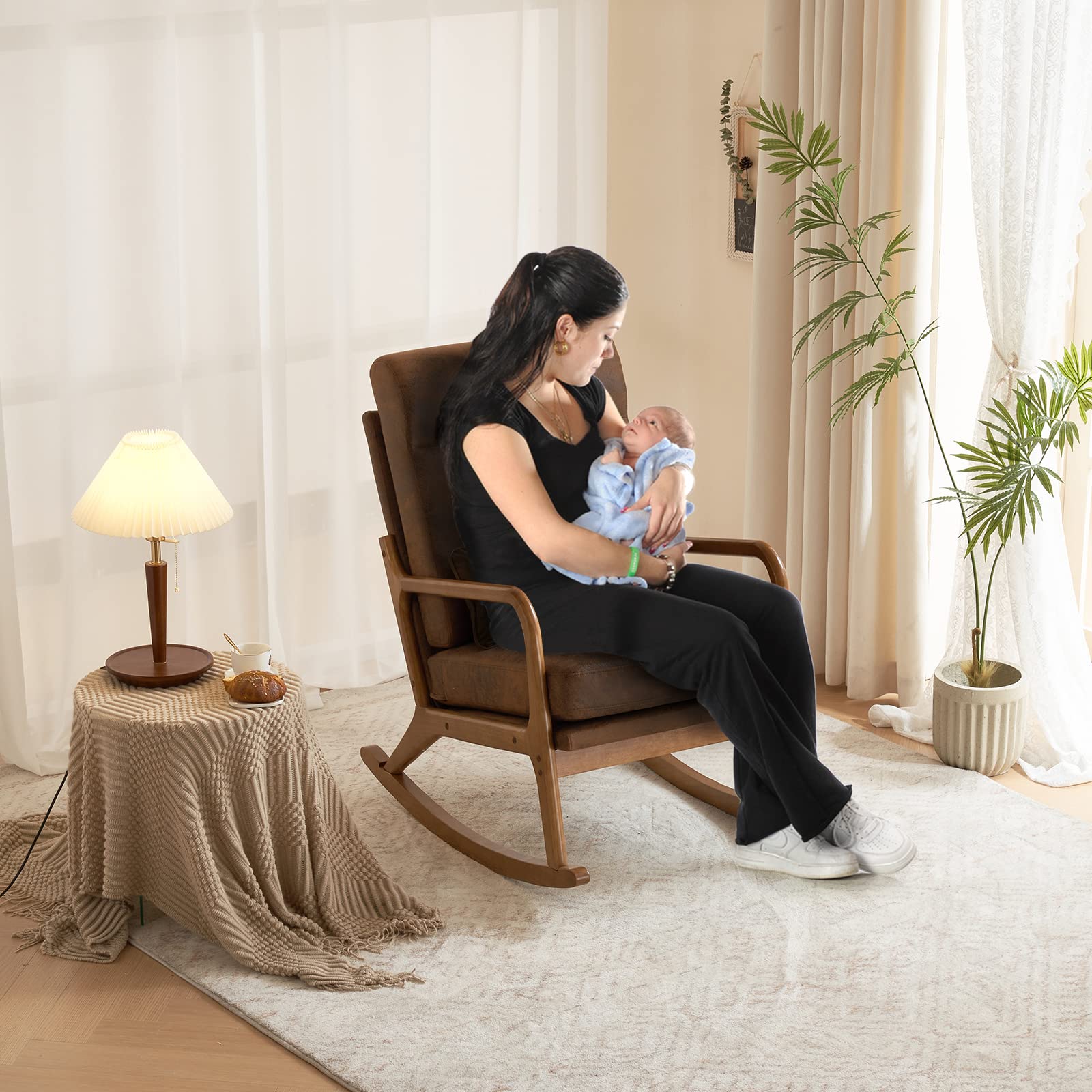 SEALAMB Rocking Chair with Lumbar Support - Nursery Glider Rocker for Mom & Seniors, High Back Comfort Armchair for Living Room & Bedroom - Perfect for Nursing, Relaxing, and Reading