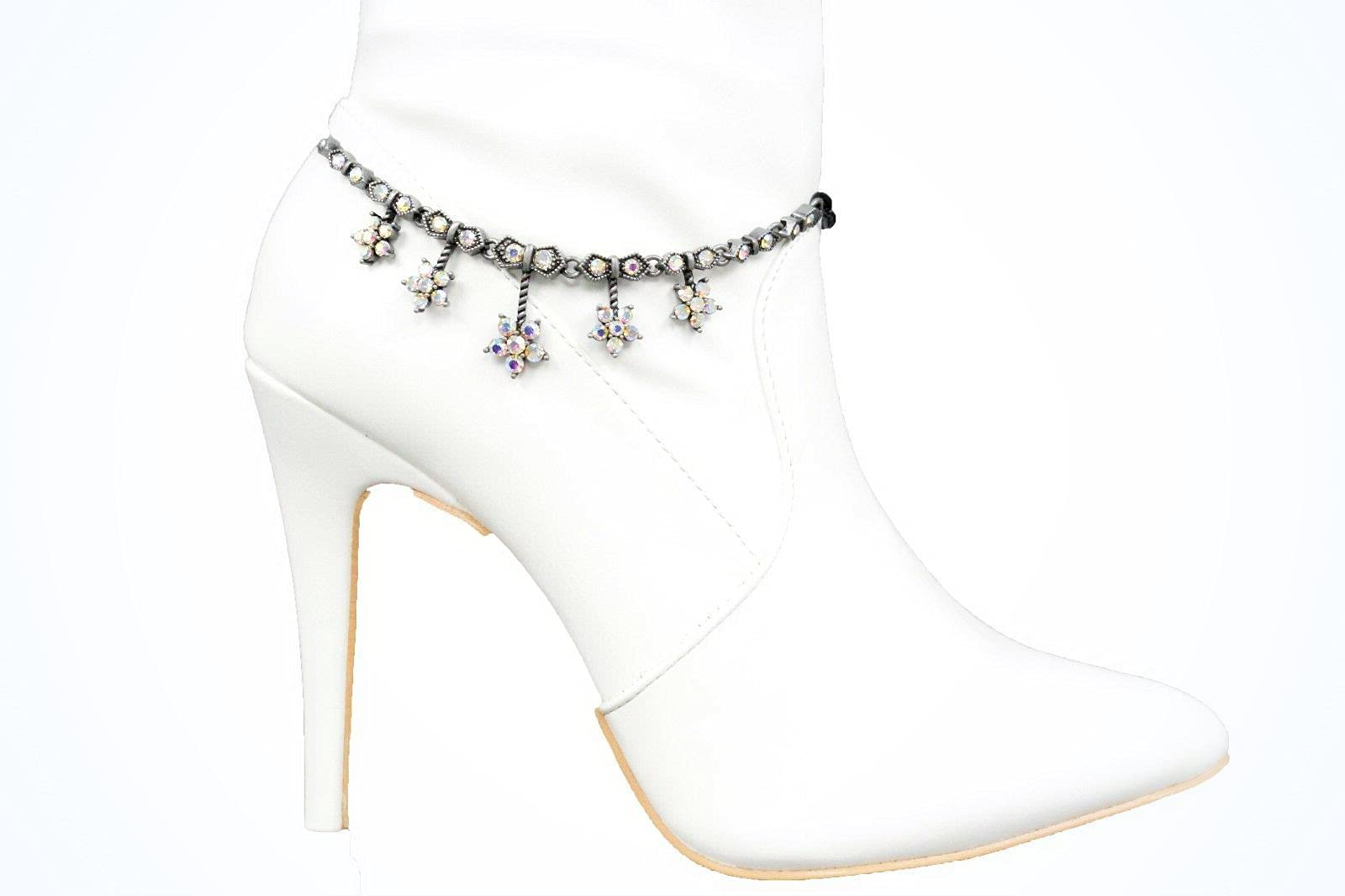 Elegant Silver Boot Bracelet for Women - Metal Chain Strap Anklet with Flower Charm | Statement Chunky Bangle Jewelry | Perfect for Boho Outfits, Music Festivals & Western Style Fashion