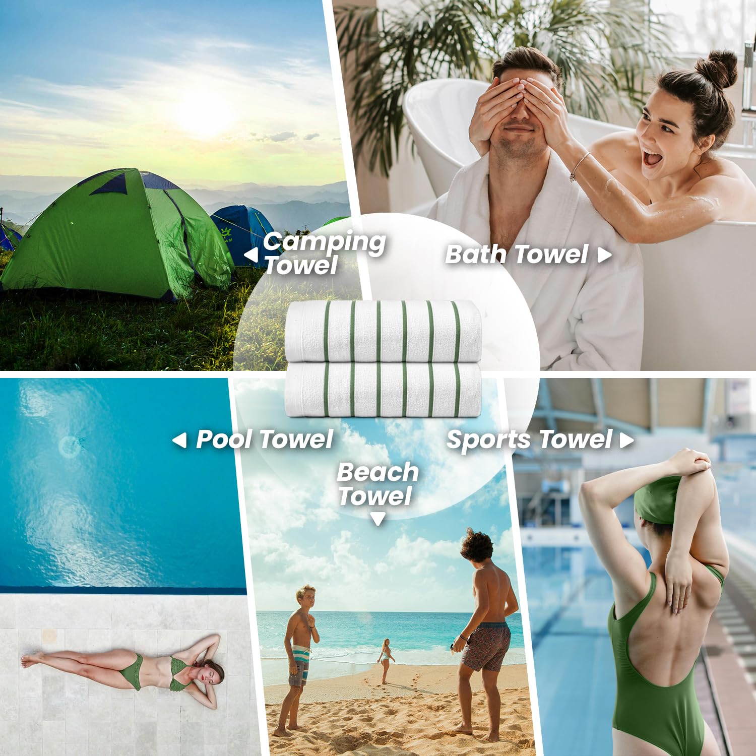 Belem Mint Green Horizontal Stripe Oversized Pool Towels - 36x68 Inch Bulk Pack of 24 - Super Absorbent Quick-Dry Beach & Bath Towels for Spa, Hotel, Poolside - Soft Durable Cotton Towel Set for Summer Vacation, Beach Trips & Luxury Bathing