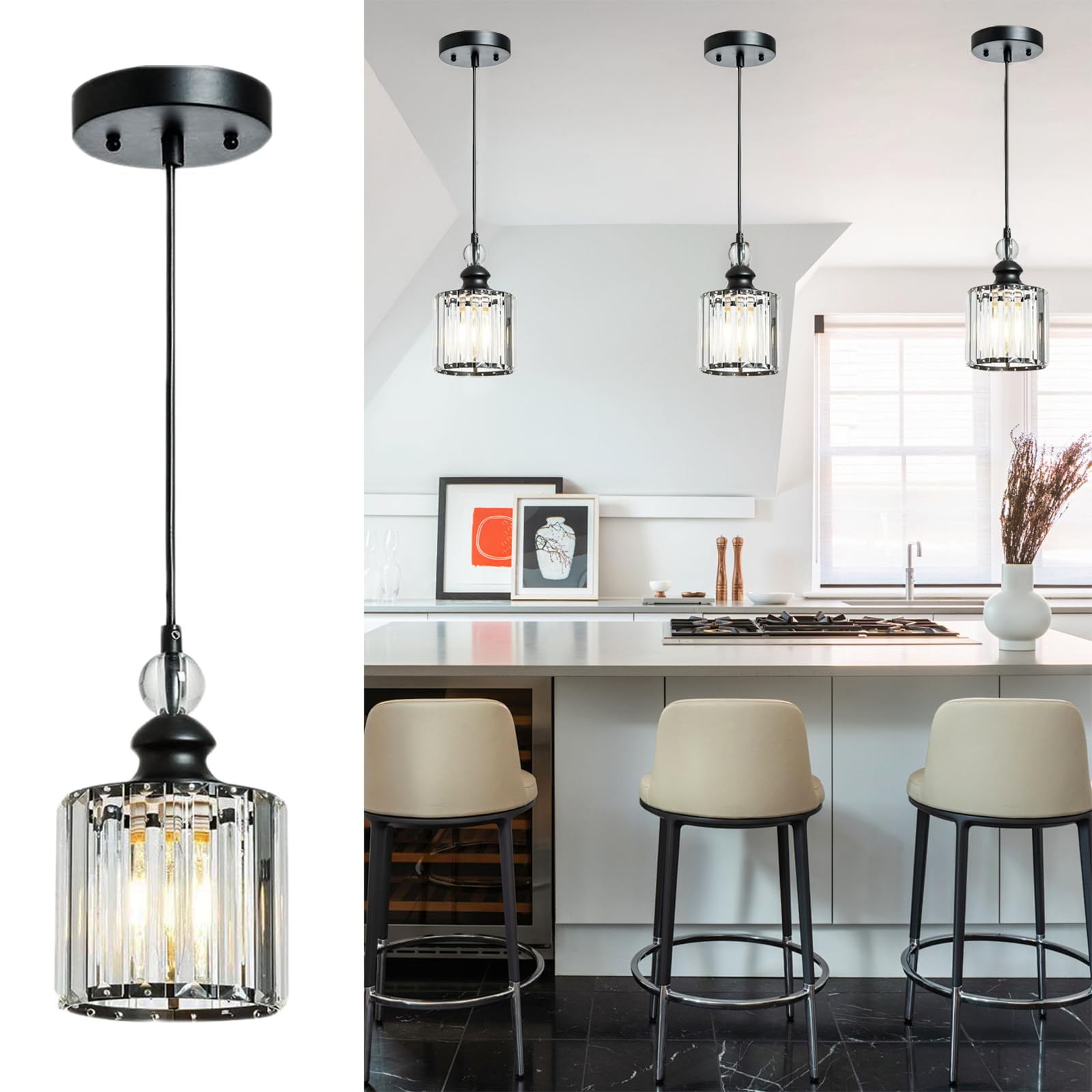 3-Pack Matte Black Crystal Pendant Lights - Adjustable Industrial Mini Chandeliers for Kitchen Island, Dining Room, Living Room, Bar & Cafe | Elegant Indoor Lighting Fixtures for Modern Home Decor