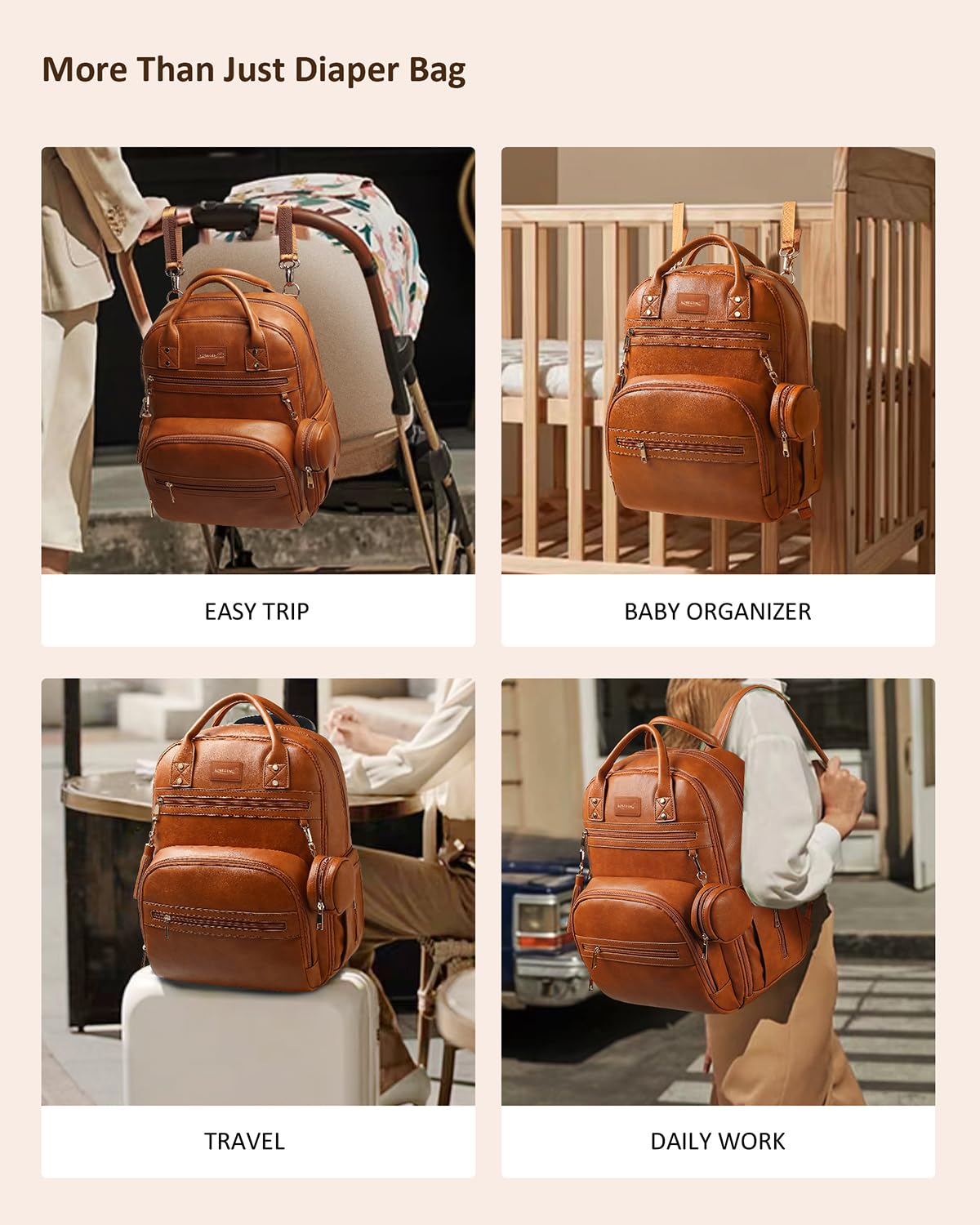 Premium Vegan Leather Diaper Bag Backpack - Waterproof Baby Changing Pad, 20 Pockets Organizer, Reinforced Zippers & Odor-Free, Fits 15.6