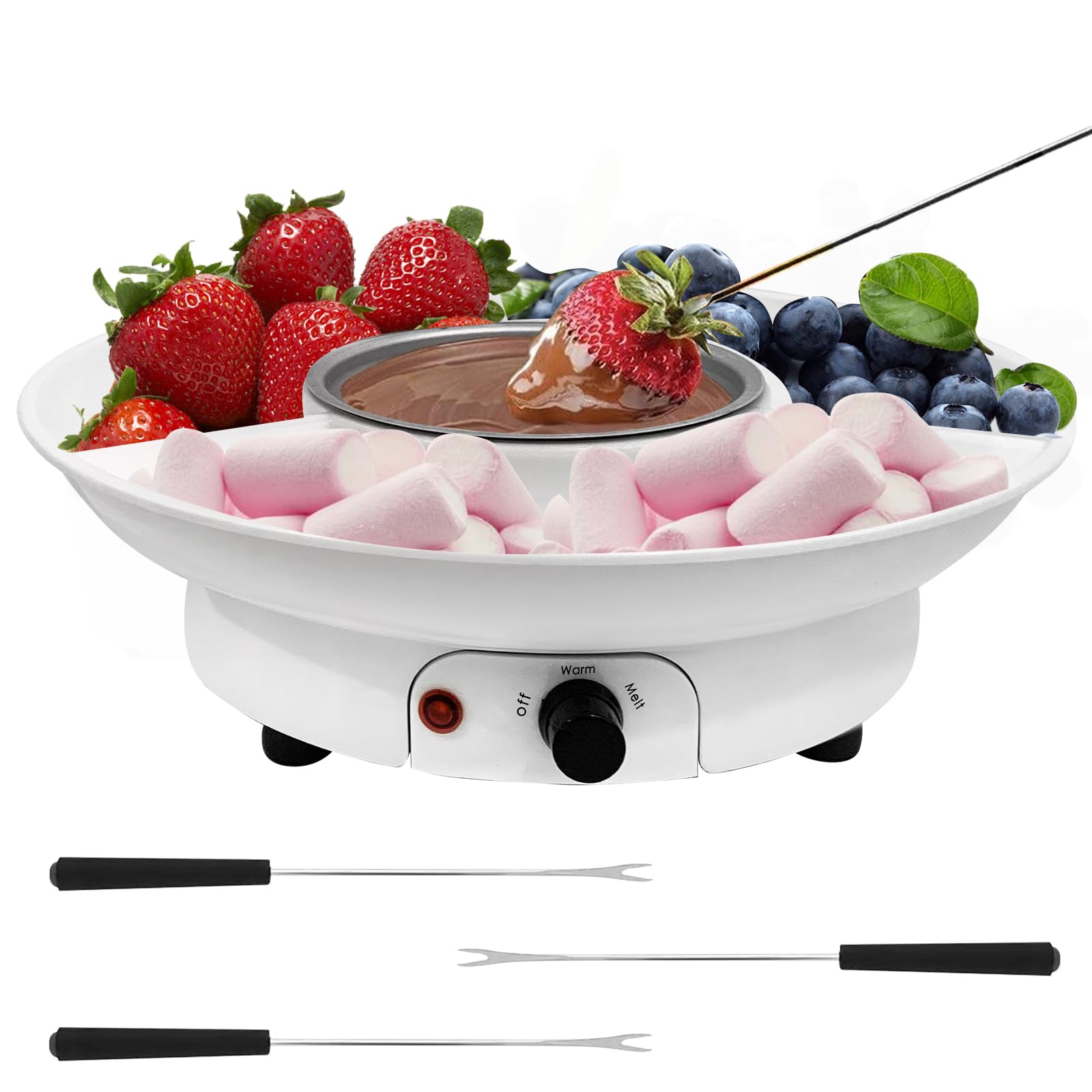 Electric Fondue Pot Set for Chocolate & Cheese - 9oz Detachable Bowl with Temperature Control & 6 Dipping Forks - Perfect for Romantic Date Nights, Movie Nights & Game Nights - Ideal Gift for Couples & Families (White)