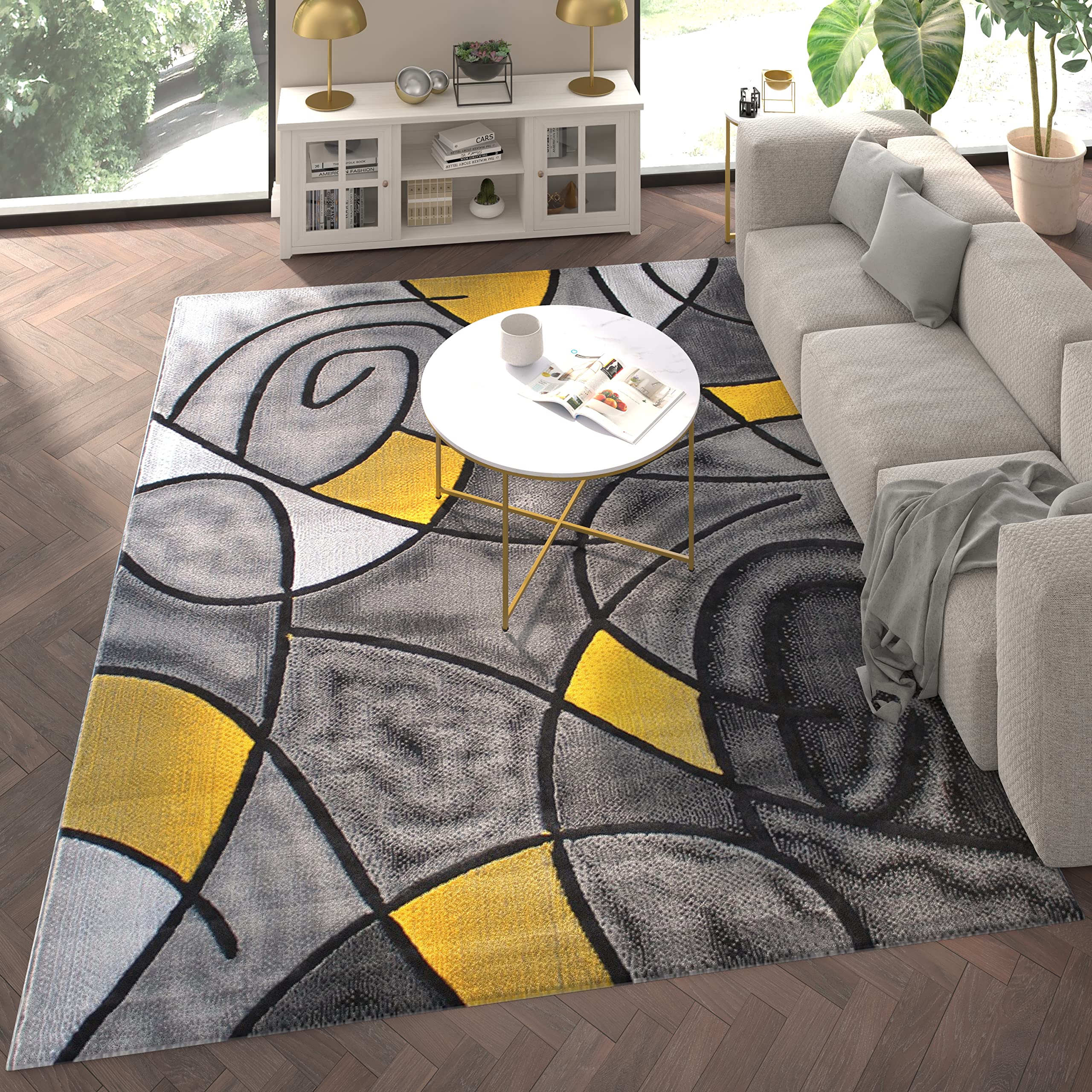 EMMA + OLIVER Modern Abstract Geometric Area Rug - Soft Plush Olefin Accent Rug with Gray Gradient & Yellow Accents - 8x10 Feet - Stain & Moisture Resistant - Perfect for Living Room, Bedroom or Office Decor