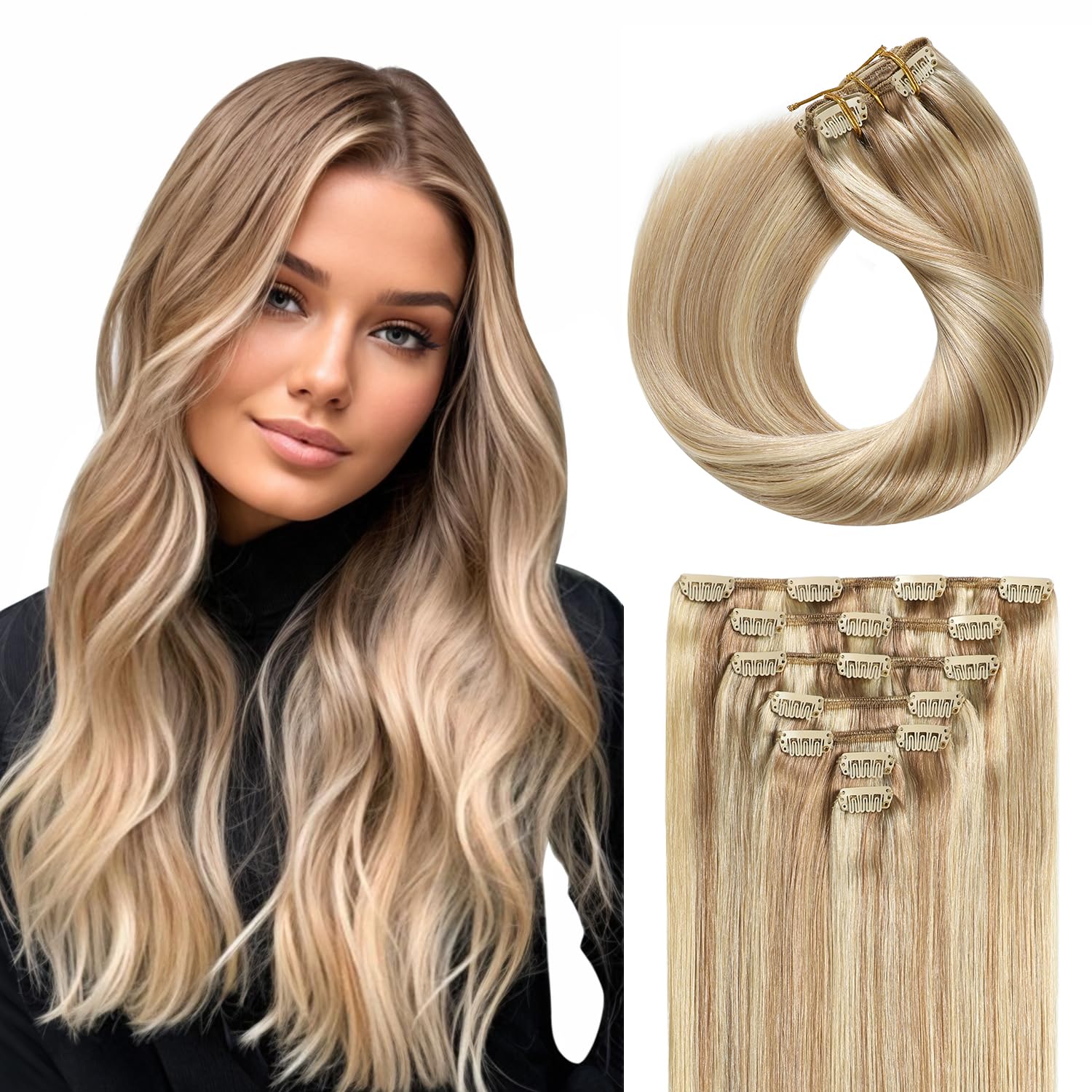Evala Clip in Hair Extensions 7pcs 120g 20 Inch Real Human Hair - #P18/613 Ash Blonde Mix Bleach Blonde | Perfect for Parties, Weddings & Daily Styling
