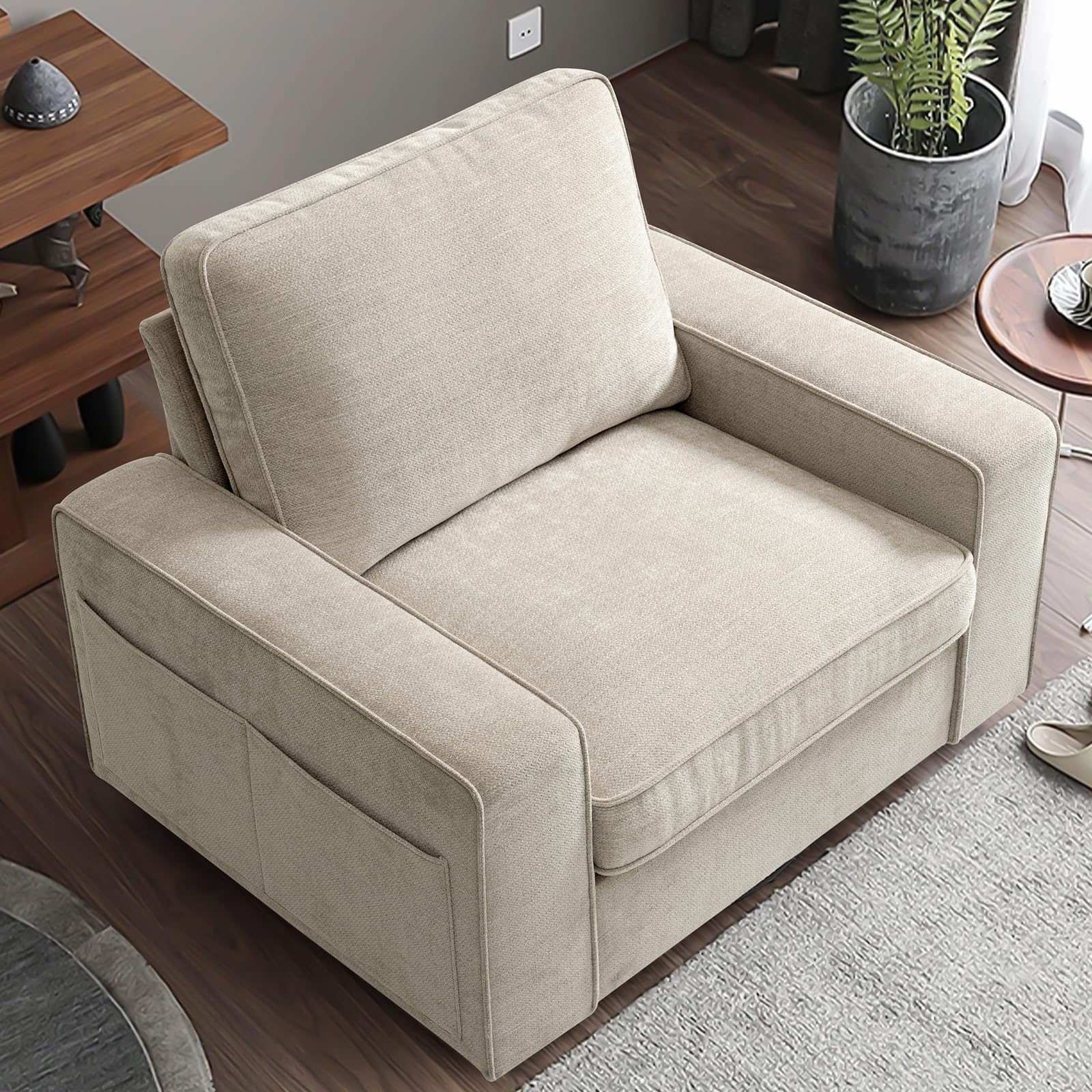 Comfy Swivel Accent Chair for Living Room - Soft & Breathable Padded Single Sofa Chair with Extra Wide Armrests, Washable Detachable Cover (Beige) - Perfect for Reading Nooks, Small Spaces & Home Offices