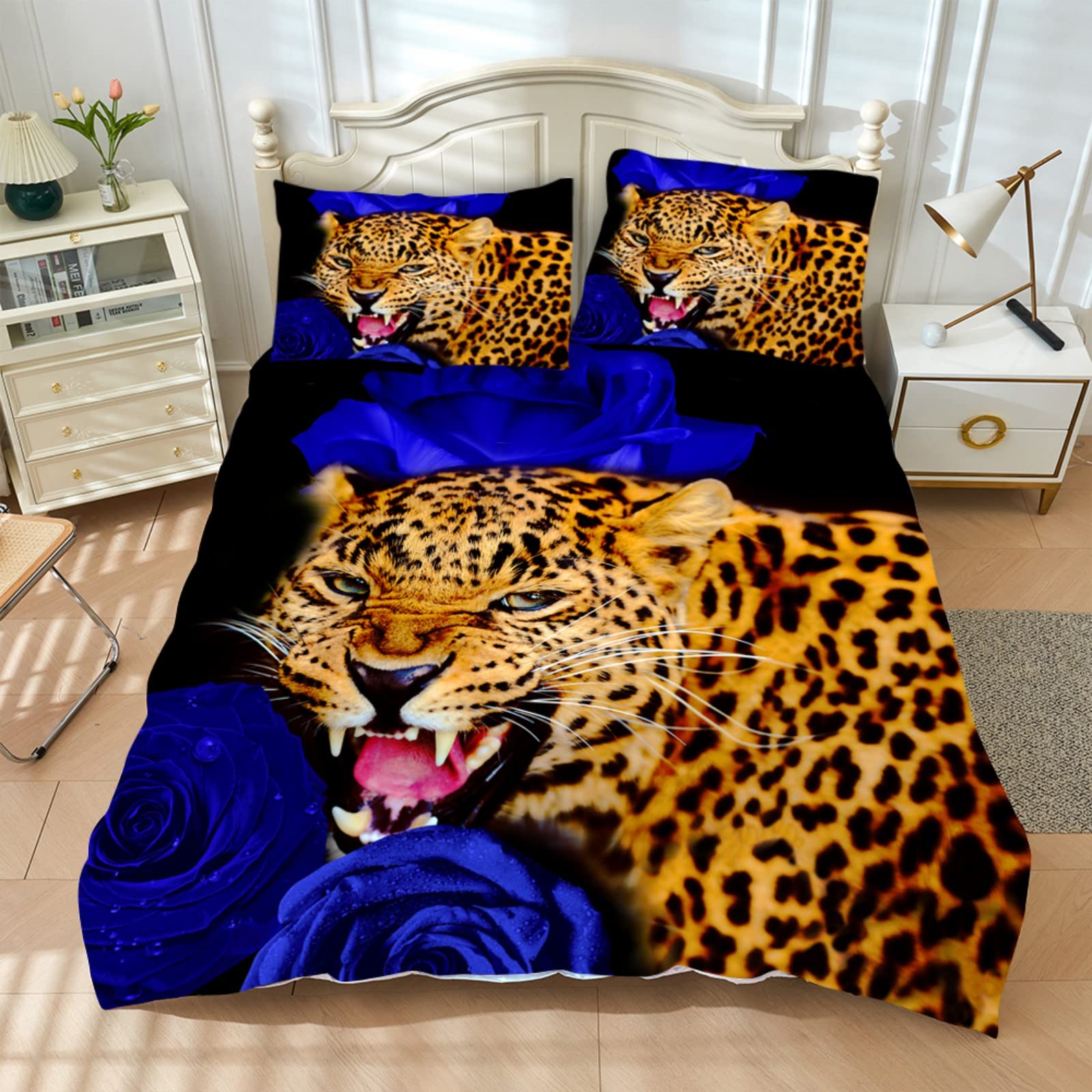 YHXSLY Leopard Print Duvet Cover Set - African Animal Cheetah Pattern with Blue Rose Design, Queen/King Size Bedding Set with Pillowcases - Perfect for Boys, Women & Jungle-Themed Bedrooms