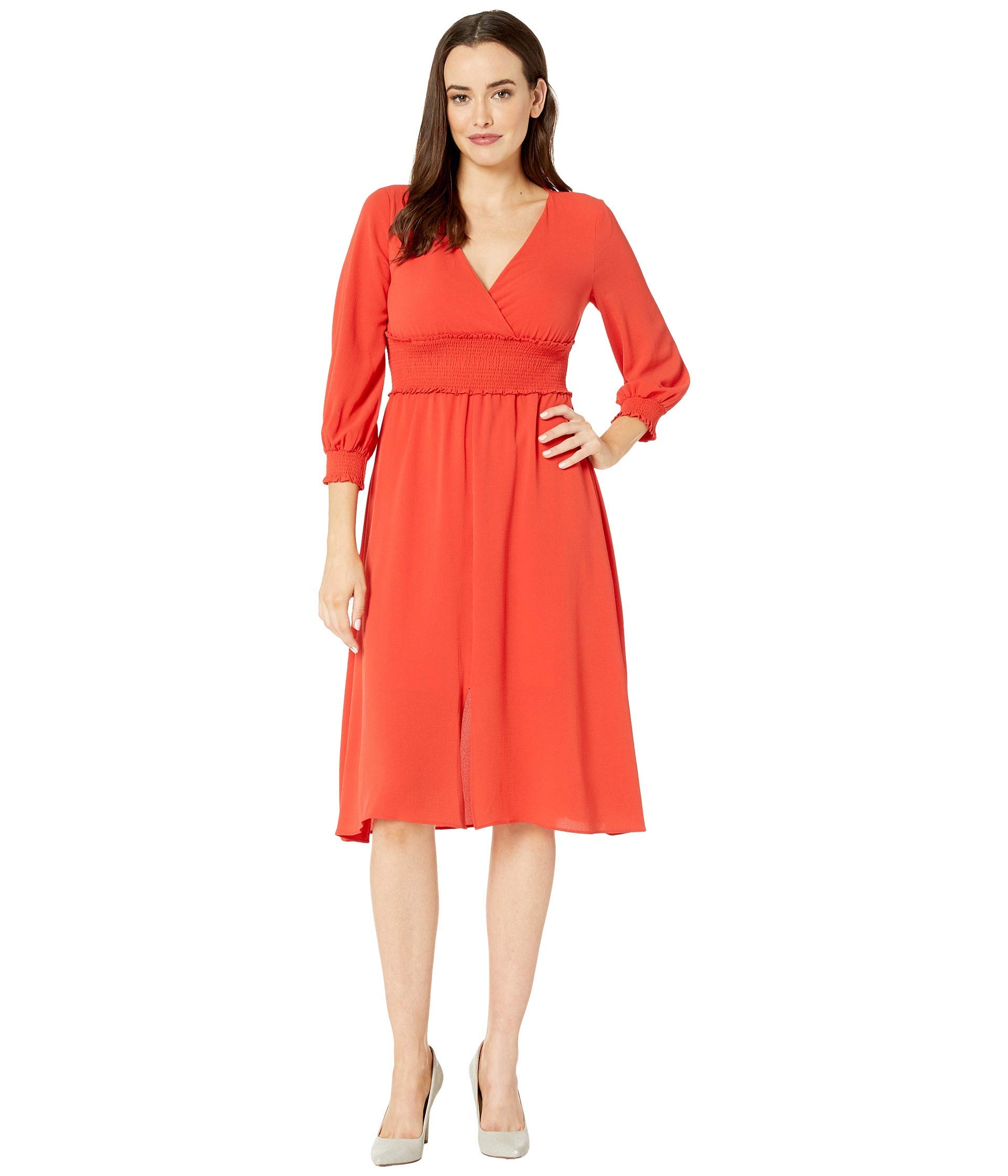 Adrianna Papell Women's Smocked Midi Dress with 3/4 Sleeves - Elegant Floral Print Party & Wedding Guest Dress for Special Occasions