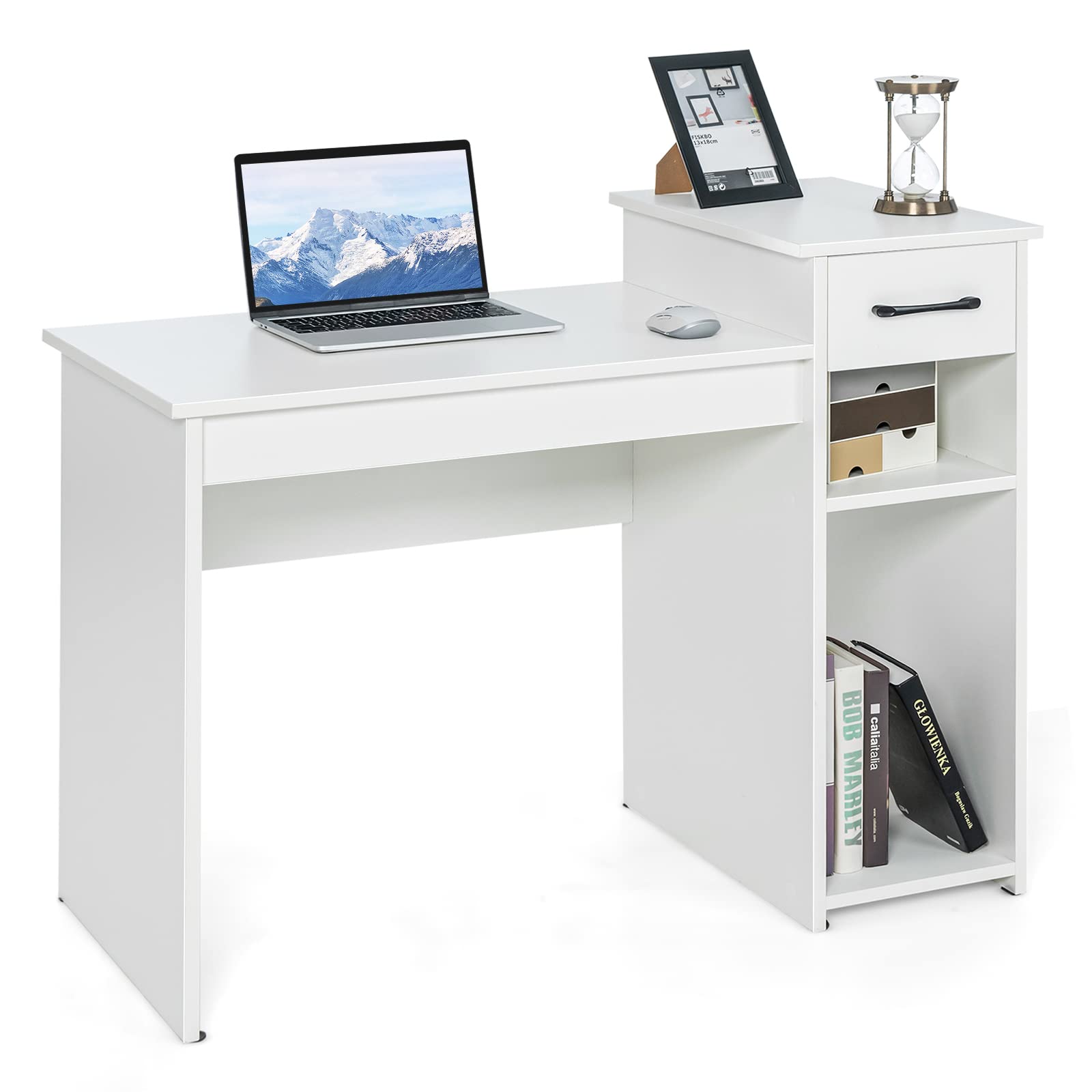 Tangkula Modern White Study Desk with Storage Drawer & Shelves - Compact Writing Desk for Small Spaces, Home Office, Dorm Room & Bedroom Workspace