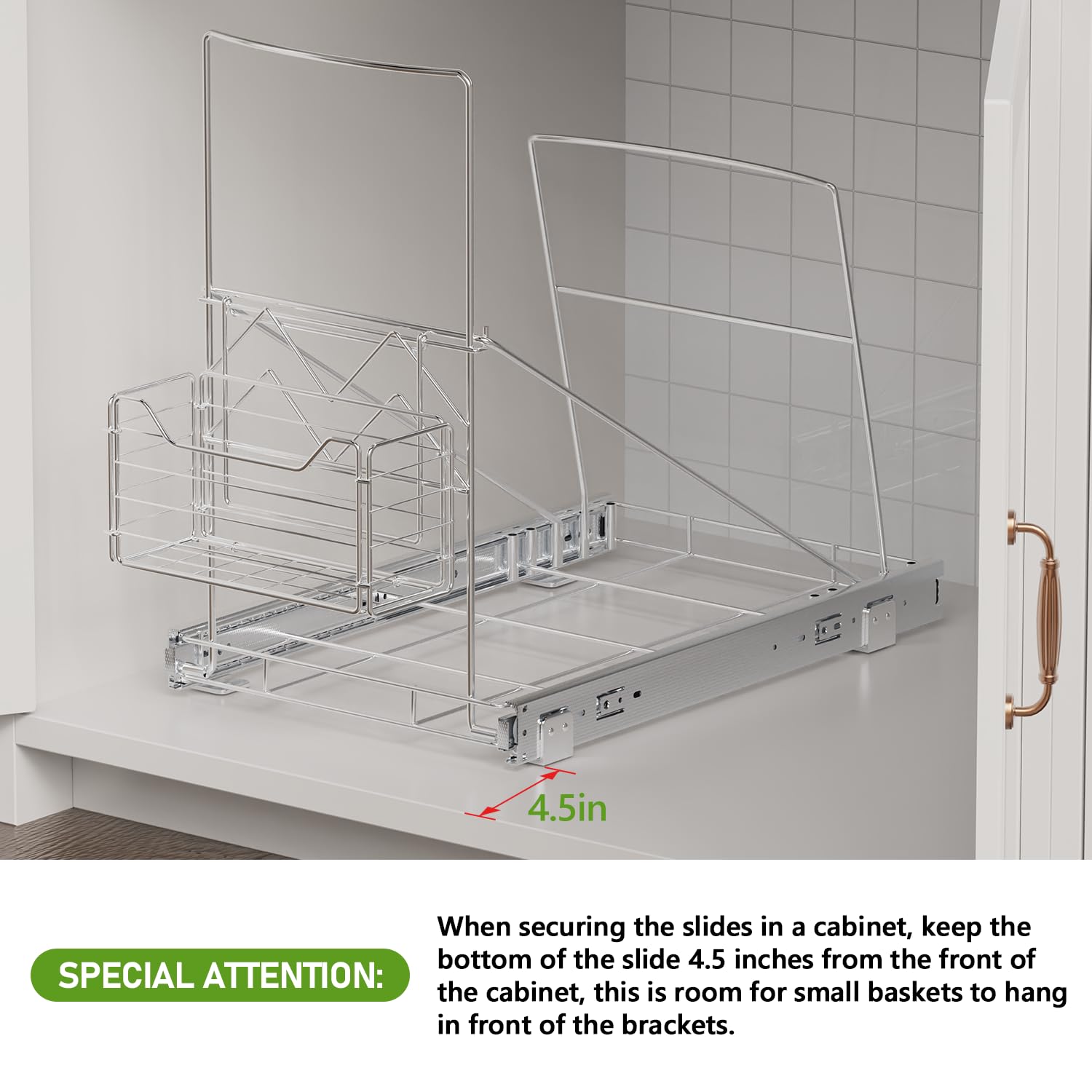 Under Cabinet Pull Out Trash Can with Removable Front Basket - 7-11 Gallon Garbage Bin Storage Solution for Kitchen, Bathroom & Office (Trash Can Not Included) - Space Saving & Odor Control Design