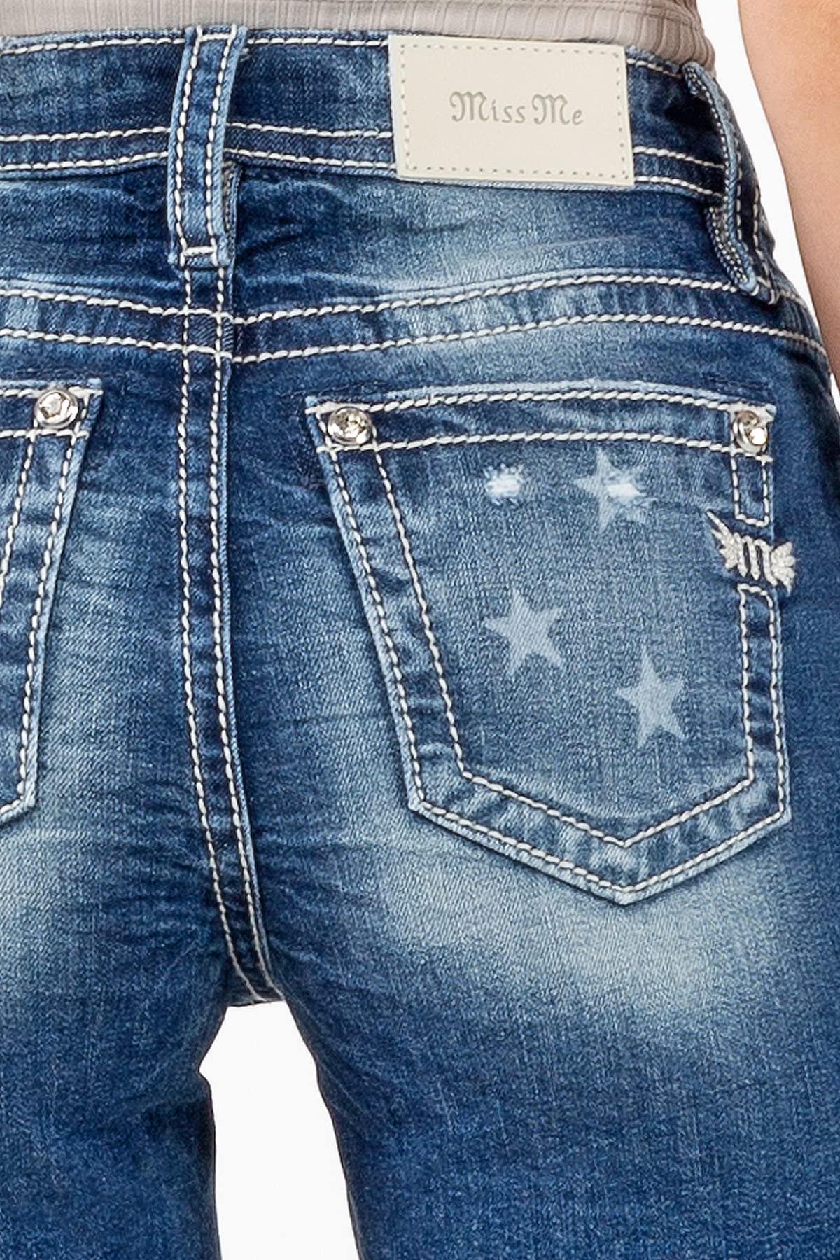 Miss Me Women's High-Rise Star Mid-Rise Denim Shorts - Dark Blue Wash | Comfortable & Stylish for Summer Outfits, Casual Wear & Beach Vacations