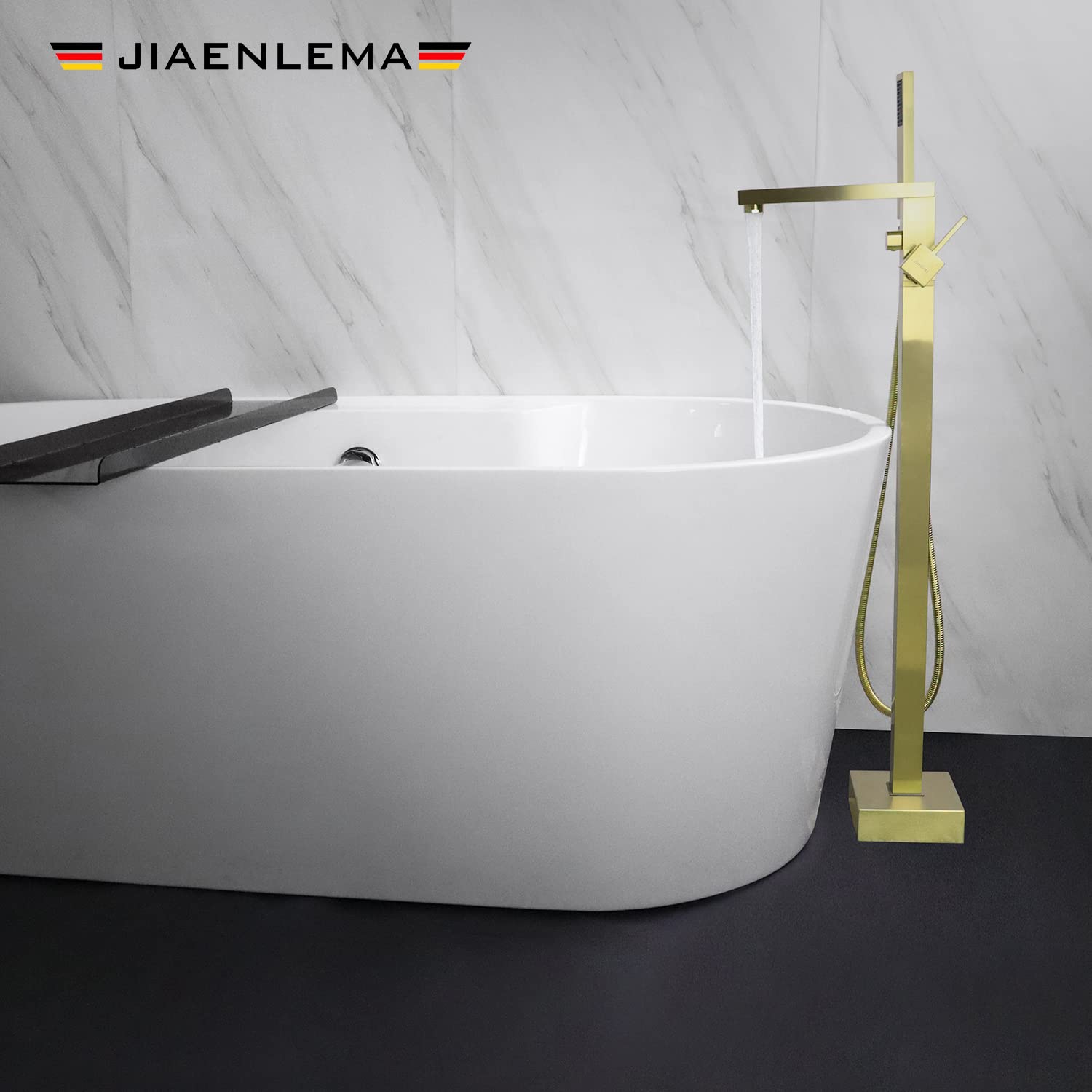 Freestanding Bathtub Faucet - Brushed Gold Floor Mount Tub Filler with Handheld Shower & Hand Sprayer - Single Handle Brass High Flow Mixer Tap for Bathroom - Perfect for Luxury Spa Experience & Modern Home Decor