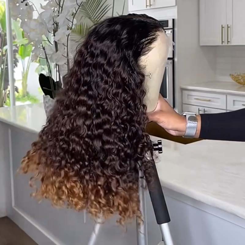 Eullair Fashionable Glueless Ombre Brown to Honey Blonde Curly Lace Front Wig with Dark Roots - 100% Human Hair for Women (EW008) | Perfect for Daily Wear, Parties & Special Occasions