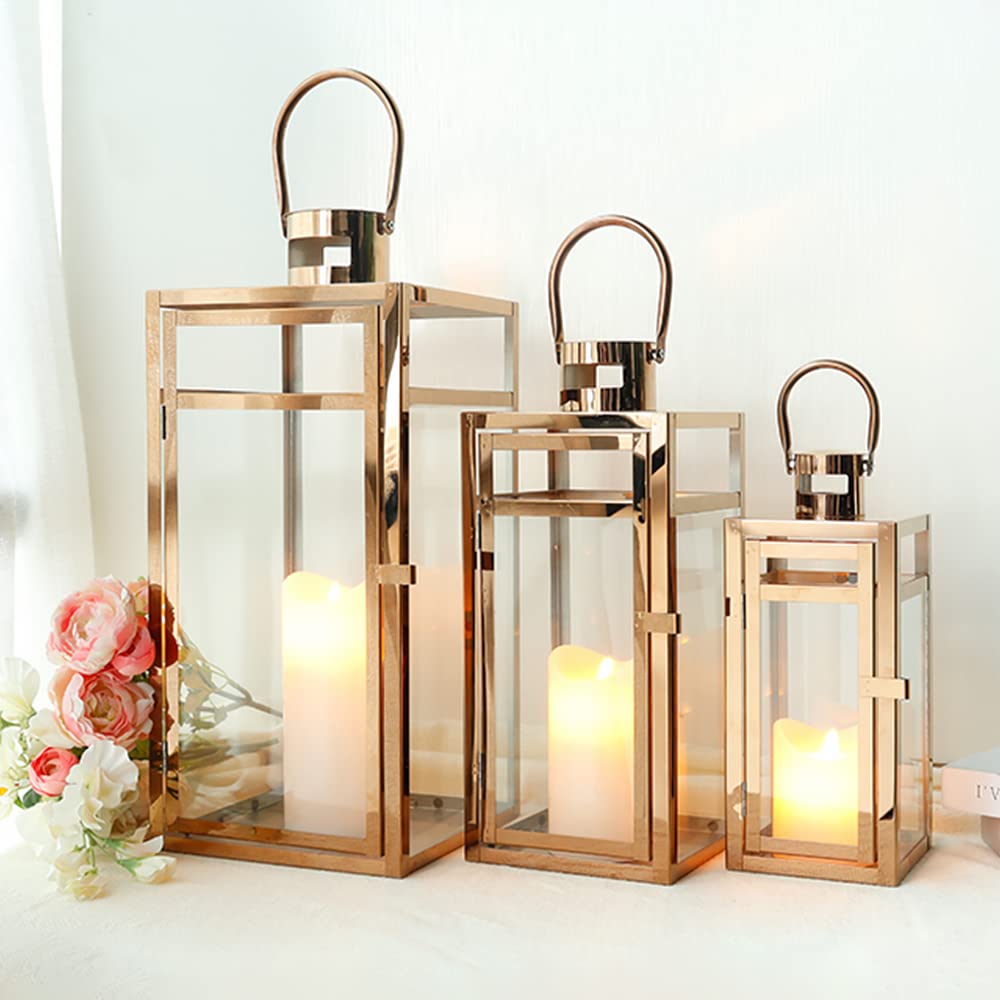 TRIROCKS Set of 3 Stainless Steel Candle Lanterns - 19 Inch Tall Metal Candle Holders with Clear Glass Panels for Home Decor, Living Room, Wedding, Party, Indoor & Outdoor Use (Rose Gold) - Perfect for Dining Table, Garden, Patio, and Fireplace Decor