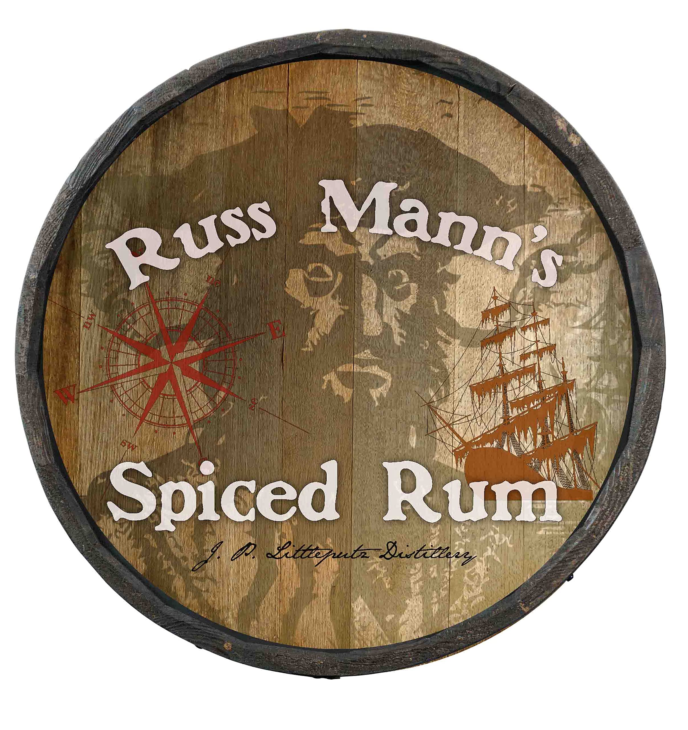 Personalized 21-Inch Whiskey Barrel Head Sign by Thousand Oaks Barrel Co. - Custom Wooden Home Bar Decor for Man Cave, Kitchen, Office - Pirate Theme Wine Barrel Lid Wall Art (C7) - Perfect for Rustic Home Decor, Whiskey Lover Gifts & Western Style Interior Design