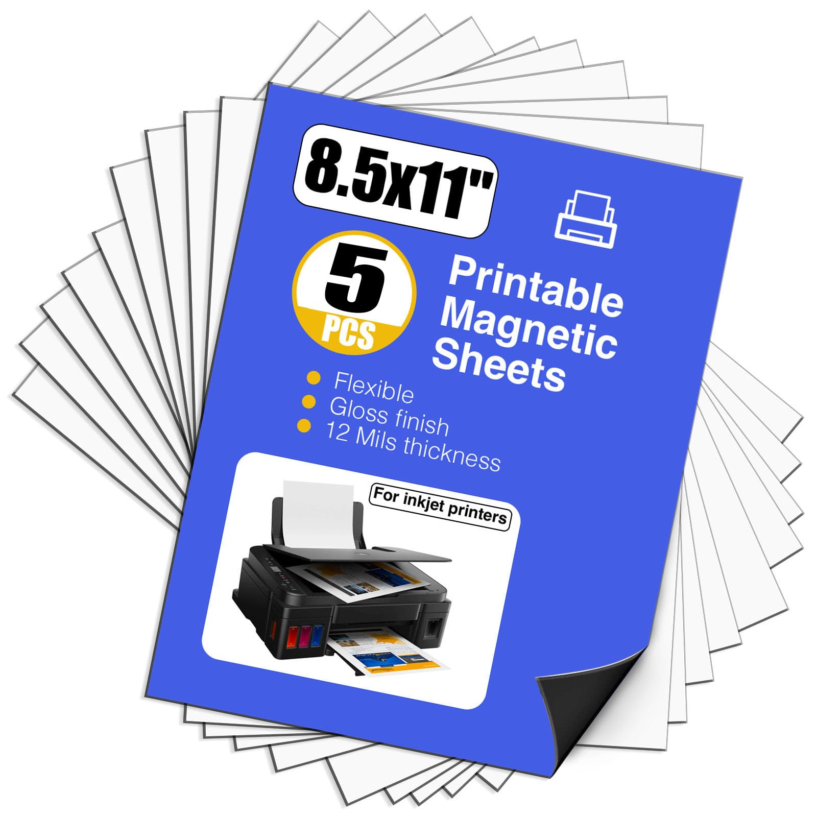 Inkjet Printable Magnetic Paper - 12 mil Thick Non-Adhesive Glossy Sheets for Office & DIY Projects (5 Sheets) | Perfect for Fridge Magnets, Photo Displays & Crafting