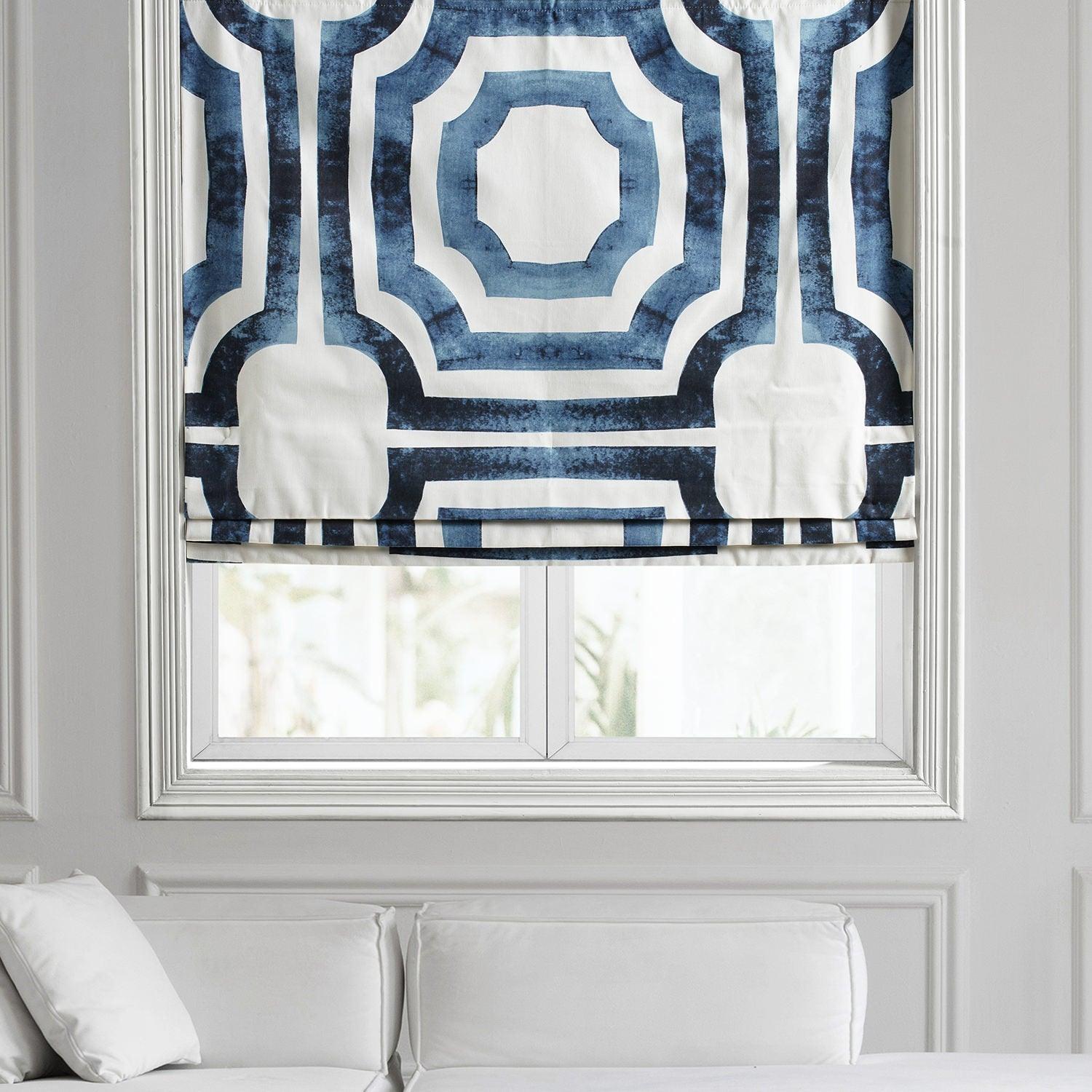 Mecca Blue Geometric Printed Cotton Roman Shade - Stylish Window Treatment for Living Room, Bedroom & Office Decor | Blackout & Light Filtering Design