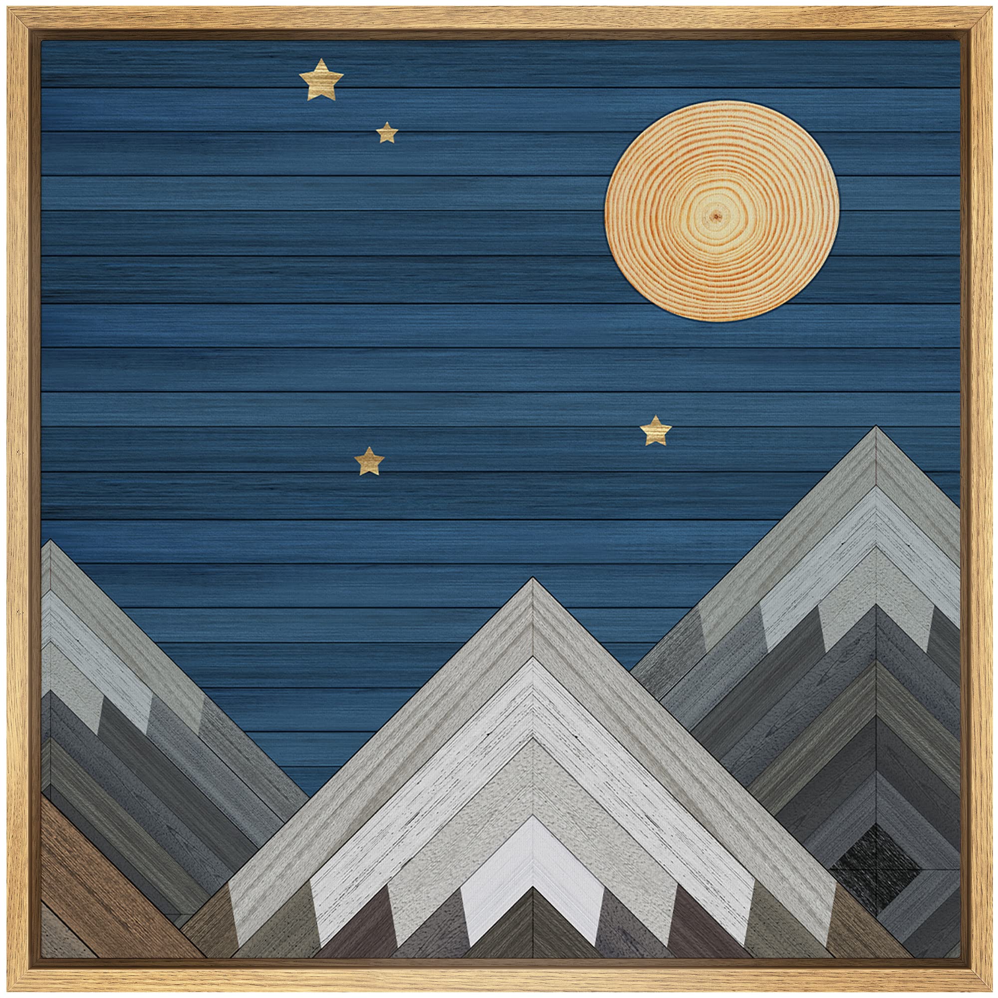IDEA4WALL Framed Canvas Print - Western Decor Wood Block Night Moon Sky Mountain Range Nature Wilderness Art - Modern 16