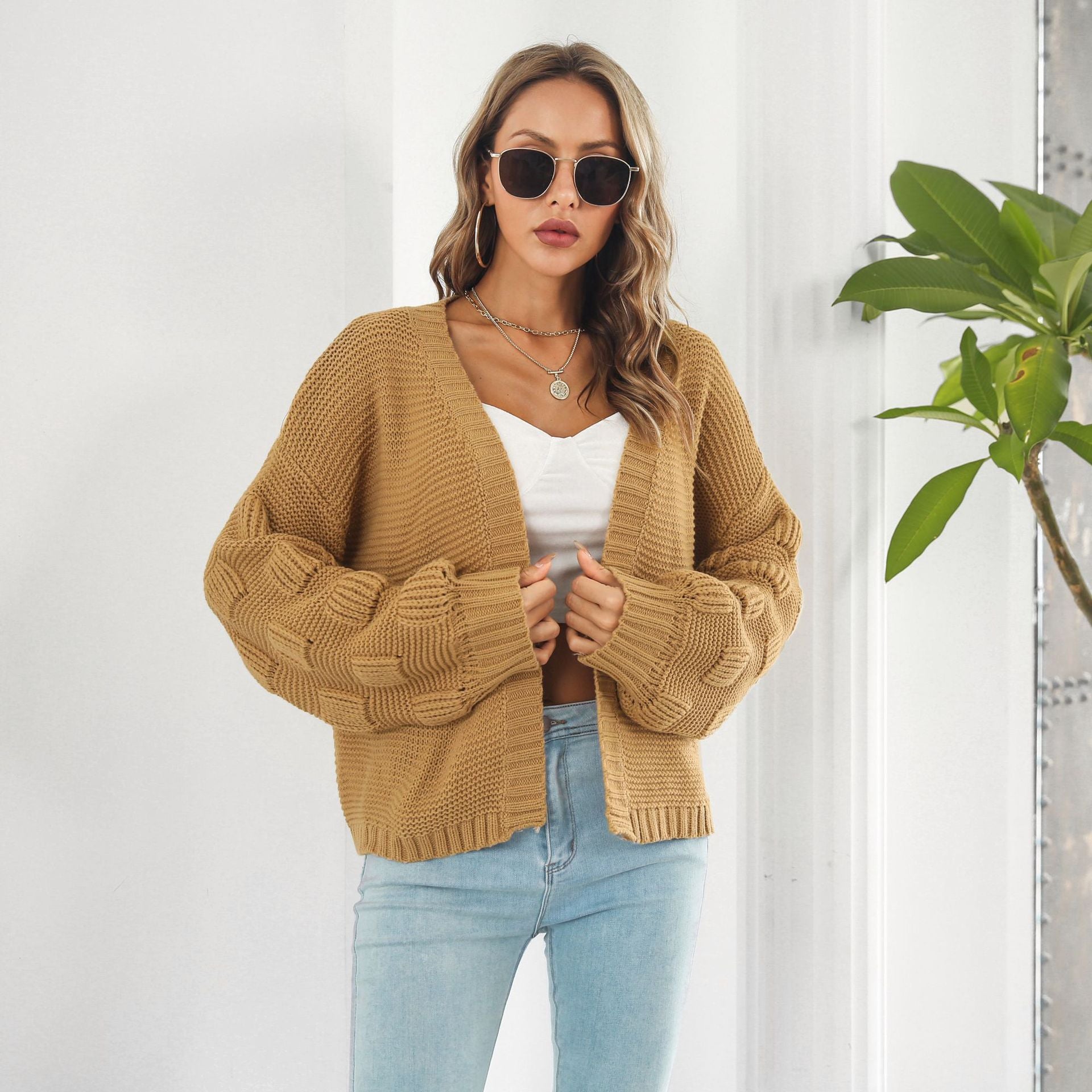 Women's Chunky Knit Puff Sleeve Cardigan Sweater - Cozy Front Button Knitwear Coat for Fall & Winter Layering
