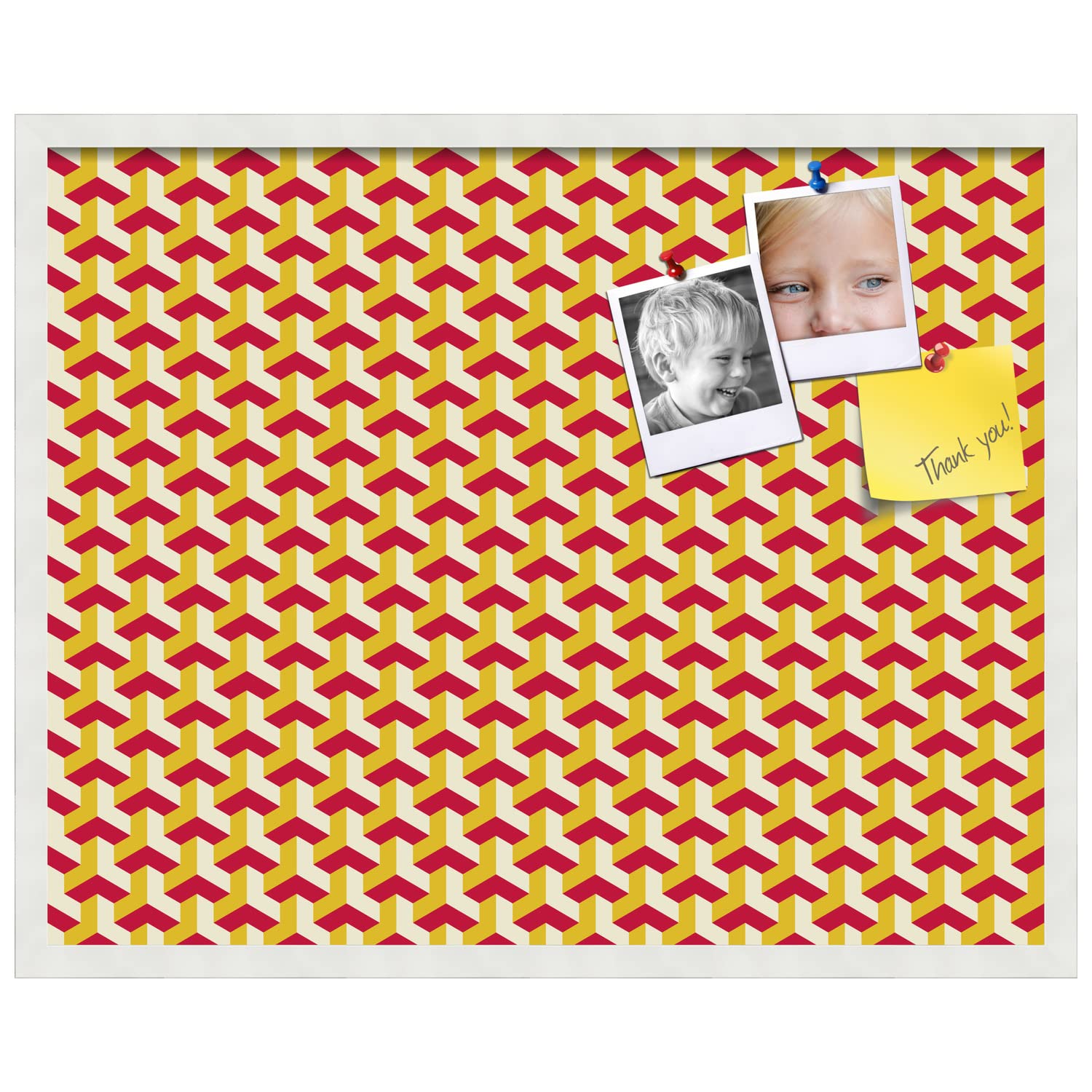 PinPix 30x24 Inch Cork Bulletin Board with BAUS Red Gold Design - Decorative Framed Pin Board with Satin White Frame - Perfect for Home Office Decor, School Classroom, Dorm Room Organization & Wall Memo Display (PinPix-1533)