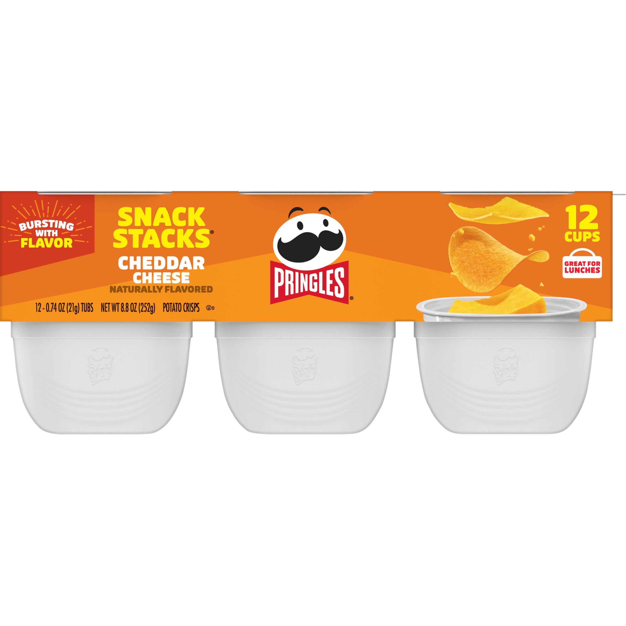Pringles Cheddar Cheese Potato Crisps Chips - 8.8oz Tray (12 Cups) - Perfect for Lunch Boxes, Office Snacks, Kids Parties & On-the-Go Snacking