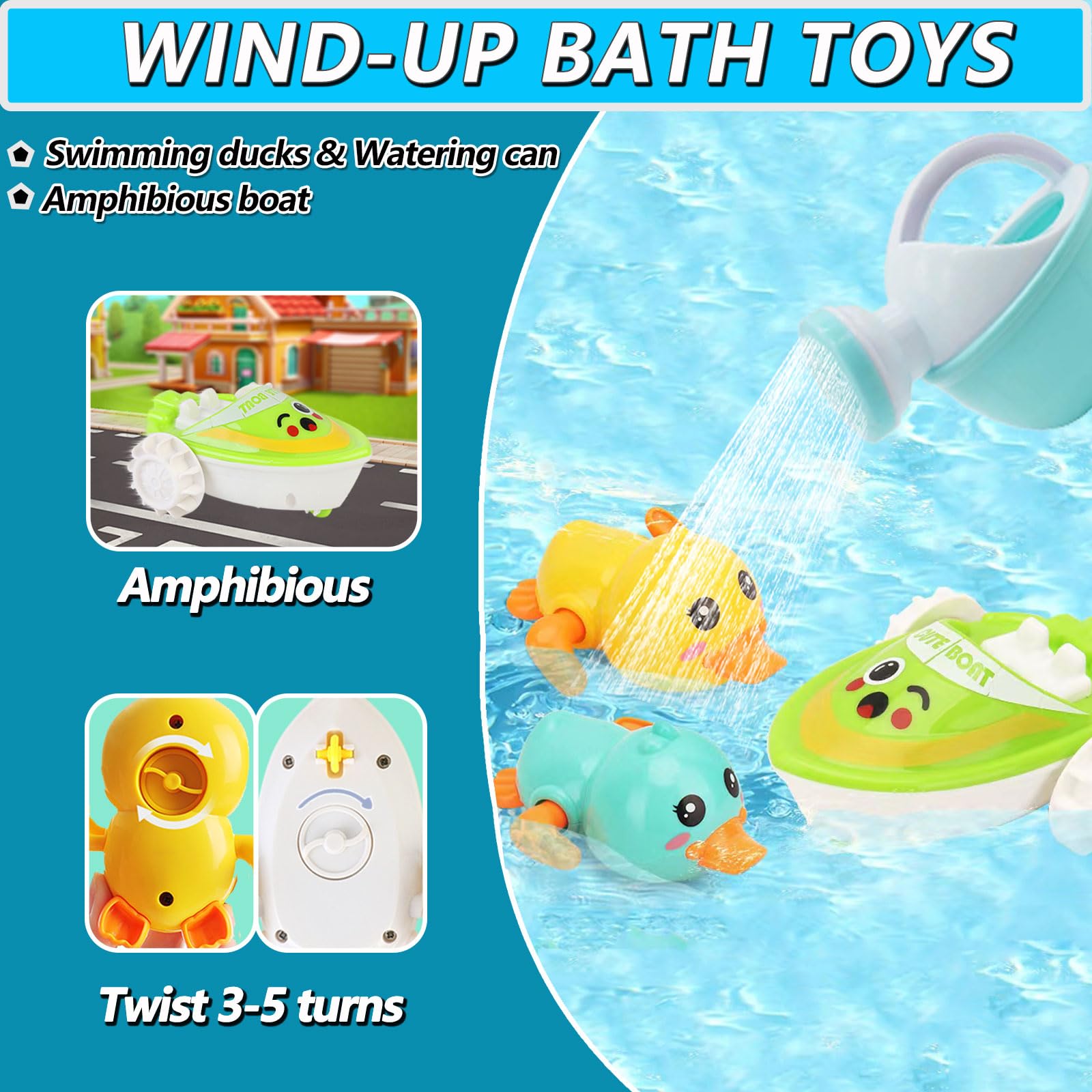 Wind-Up Swimming Ducks & Boat Bath Toys for Babies 0-12 Months - No Hole Baby Bath Toys for 1-3 Year Olds, Includes Fishing Net & Watering Can - Perfect for Bathtime, Pool Play & Early Water Play Development