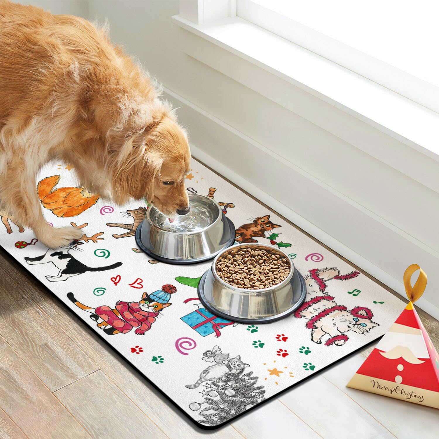 **Non-Slip Absorbent Pet Food Mat for Dogs & Cats - Quick Dry Waterproof Dog Bowl Mat for Food & Water - Perfect for Messy Eaters & Spill Protection in Kitchen or Feeding Area**