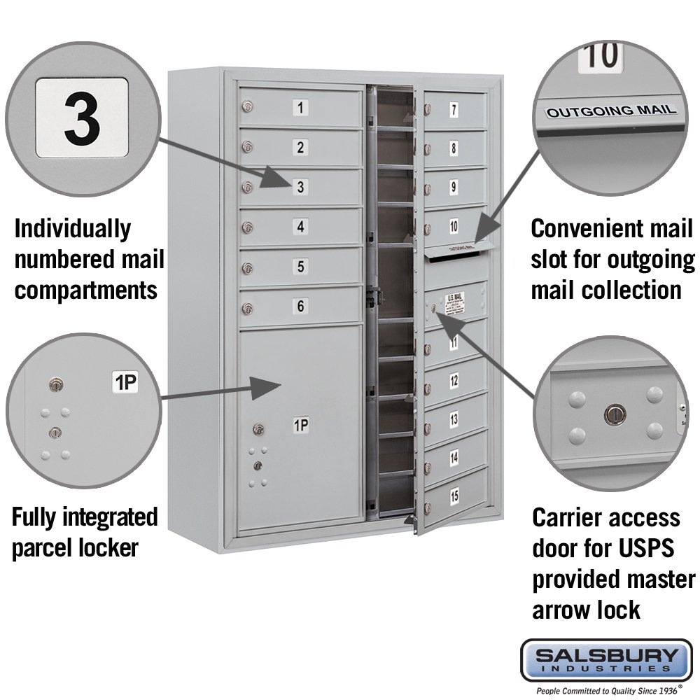Salsbury Industries 3811D-15AFU Aluminum Surface Mount Horizontal 4C Mailbox - Durable Outdoor Mailbox for Home, Office & Commercial Use