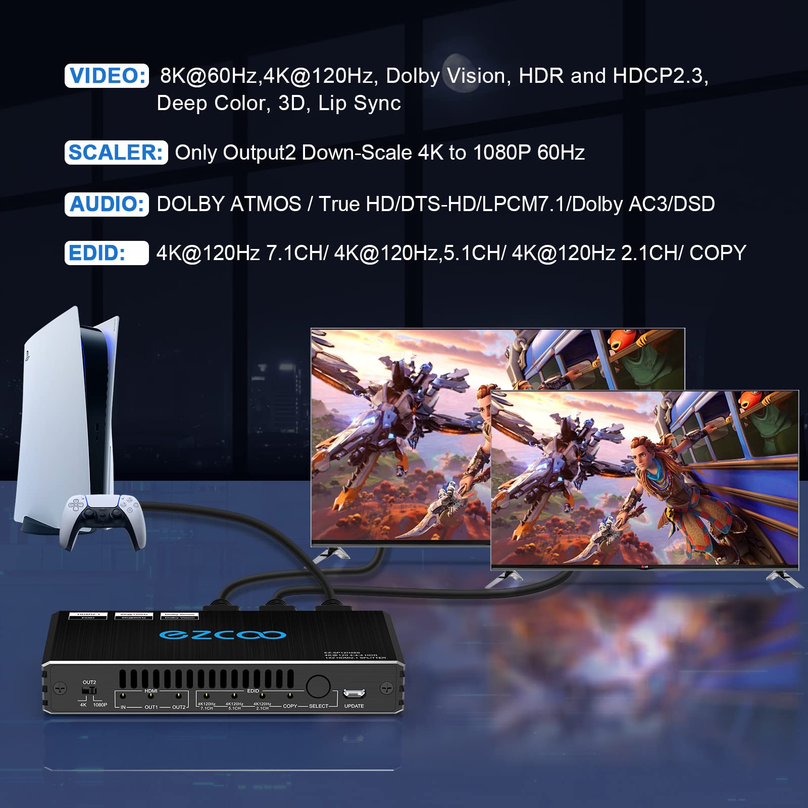 Premium HDMI Splitter 1x2 - 8K 60Hz & 4K 120Hz HDR with VRR, G-Sync, CEC, EDID - HDCP 2.3 Bypass - 4K to 1080P Downscaler - Perfect for Gaming PC, Xbox Series X/S, PS5, Roku & Fire TV - Home Theater & Multi-Screen Setup Solution