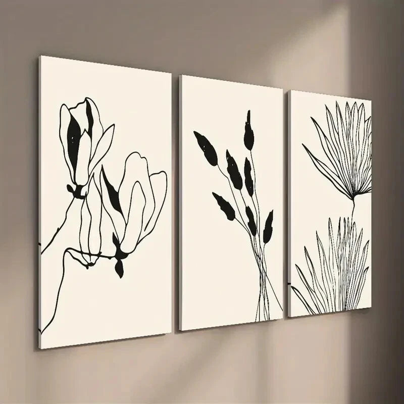 3-Piece Abstract Beige and Black Botanical Floral Wall Art Set - Framed Canvas Prints 40x60cm (16x24in) - High Quality Australian Made Wall Decor - Perfect for Living Room, Bedroom & Office Decor