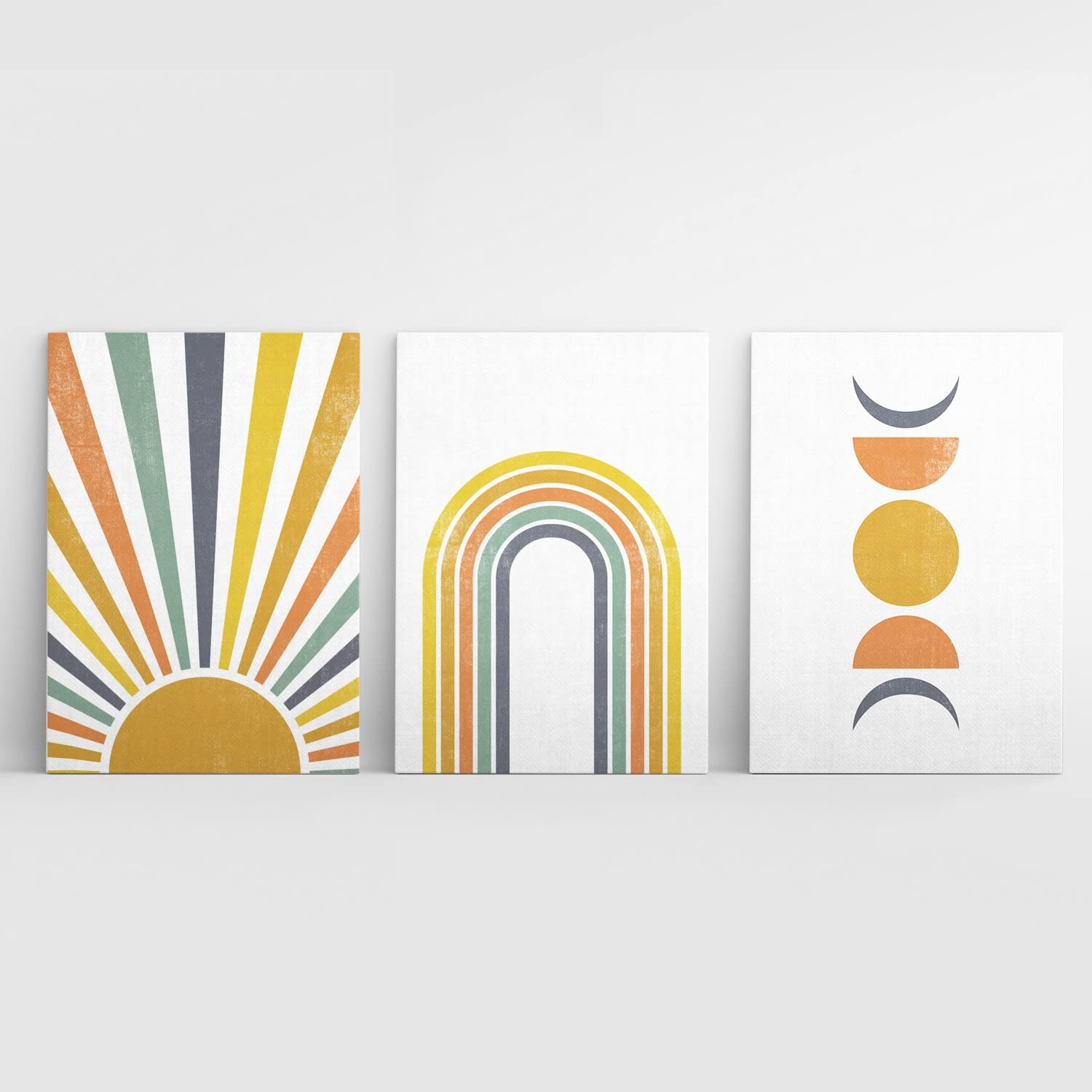 GUBIYU Boho Wall Art - Set of 3 Canvas Prints 24x36 inches, Rainbow Nursery Decor & Mid Century Modern Wall Decor for Bedroom, Living Room | Sunrise Moon Art Painting for Bohemian Home Decor & Kids Room