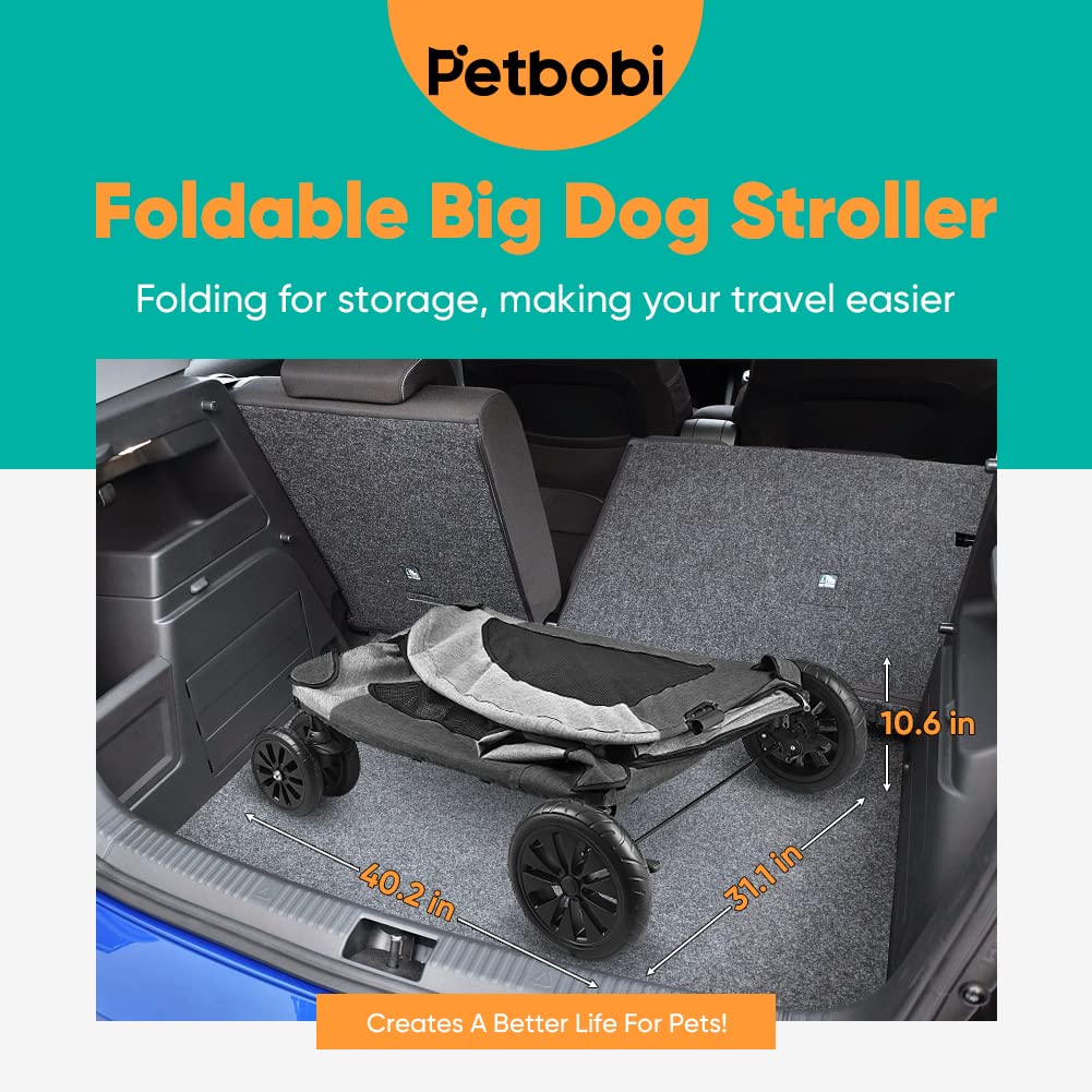 Petbobi Large Dog Stroller - Heavy Duty 120lbs Capacity, Breathable & Waterproof Oxford Fabric, Detachable Storage Bag, Foldable Design with 4 Rubber Wheels - Ideal for Medium to Large Dogs, Perfect for Outdoor Walks, Vet Visits, and Travel (Grey)