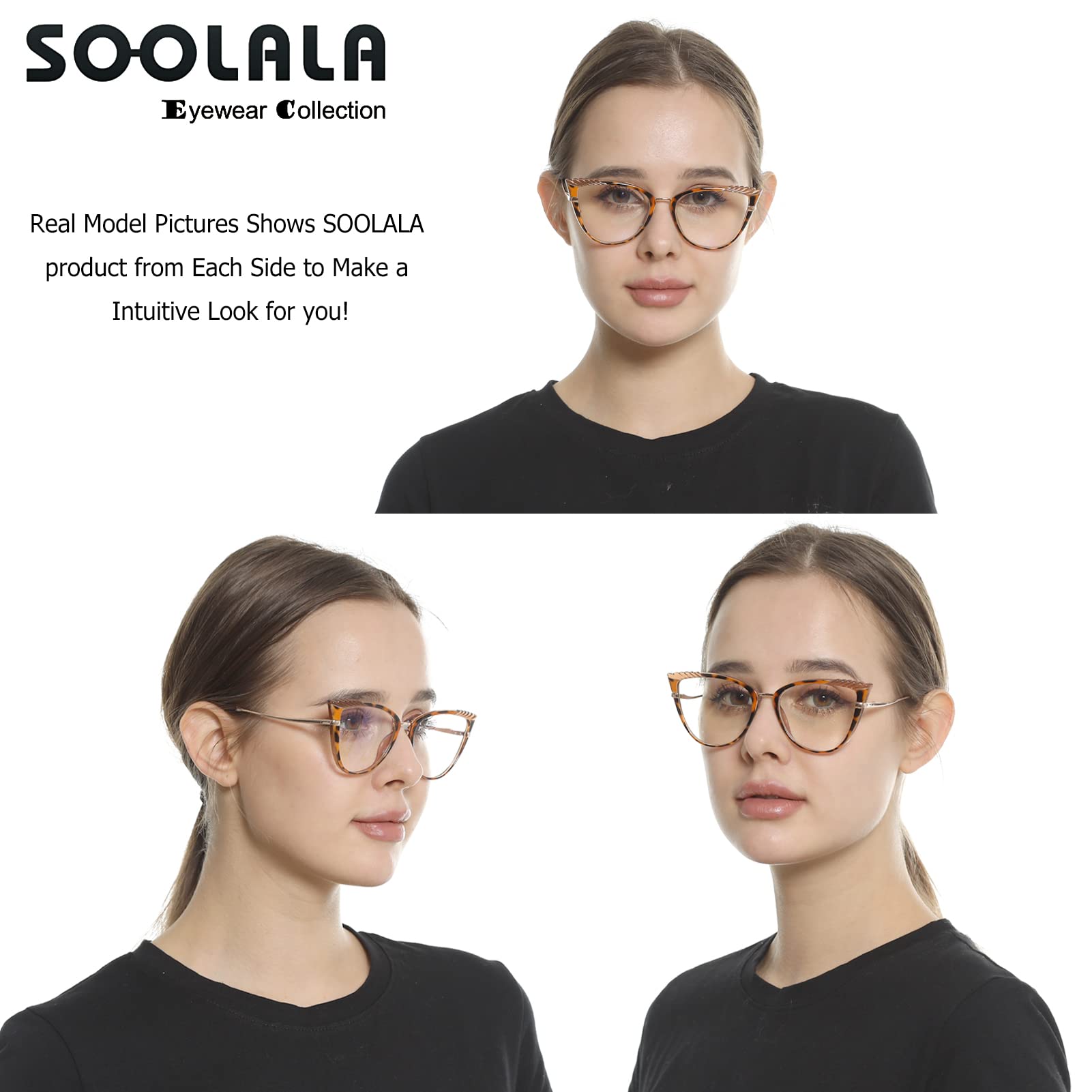 SOOLALA Women's Blue Light Blocking Glasses TR90 Lightweight Spring Hinged Cat Eye Reading Glasses for Computer Work, Reading & Screen Time Protection