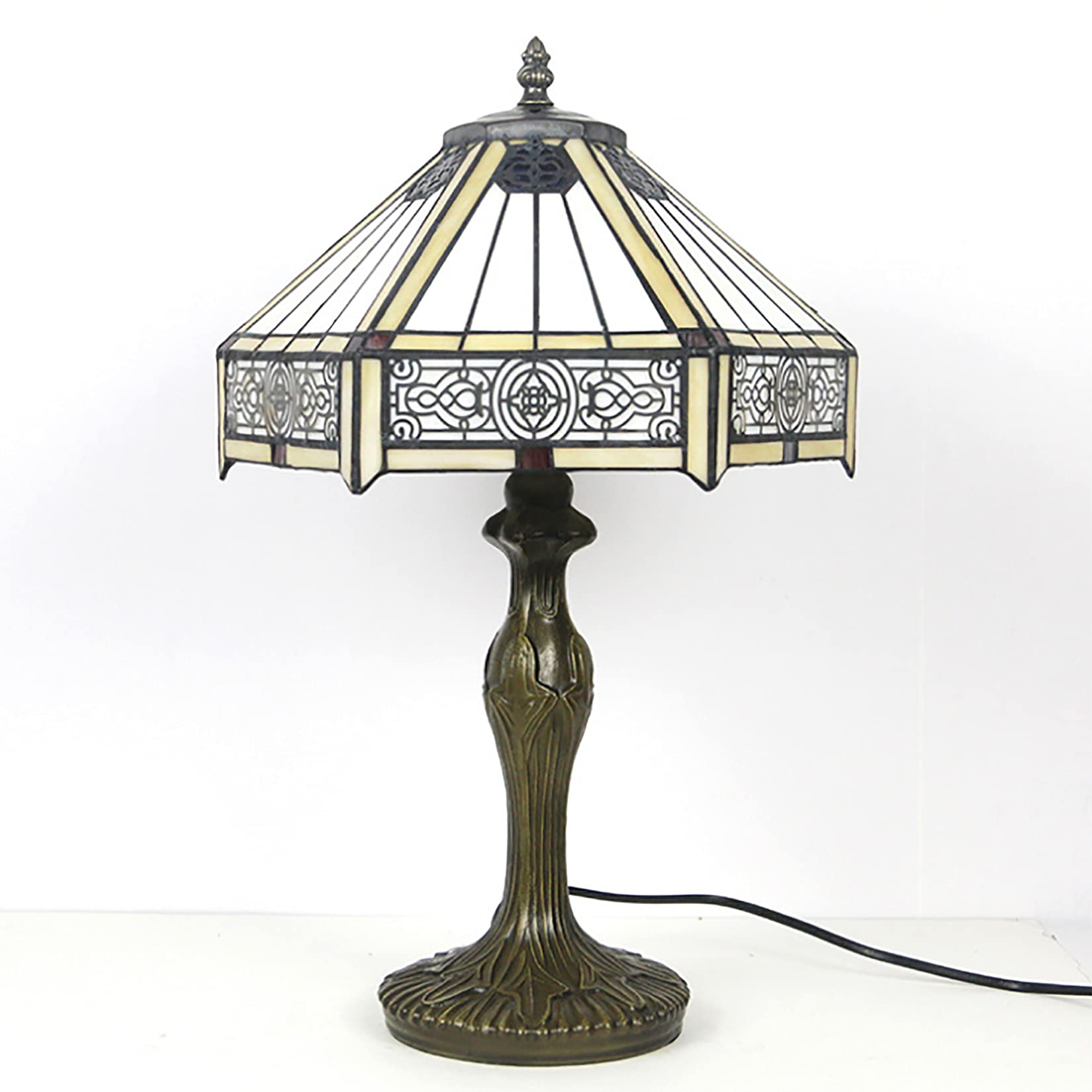 Tiffany Style Table Lamp - Yellow & White Stained Glass Hexagon Mission Lamp with Industrial Farmhouse Metal Base - Perfect for Living Room, Bedside, Office or Study Desk Decor