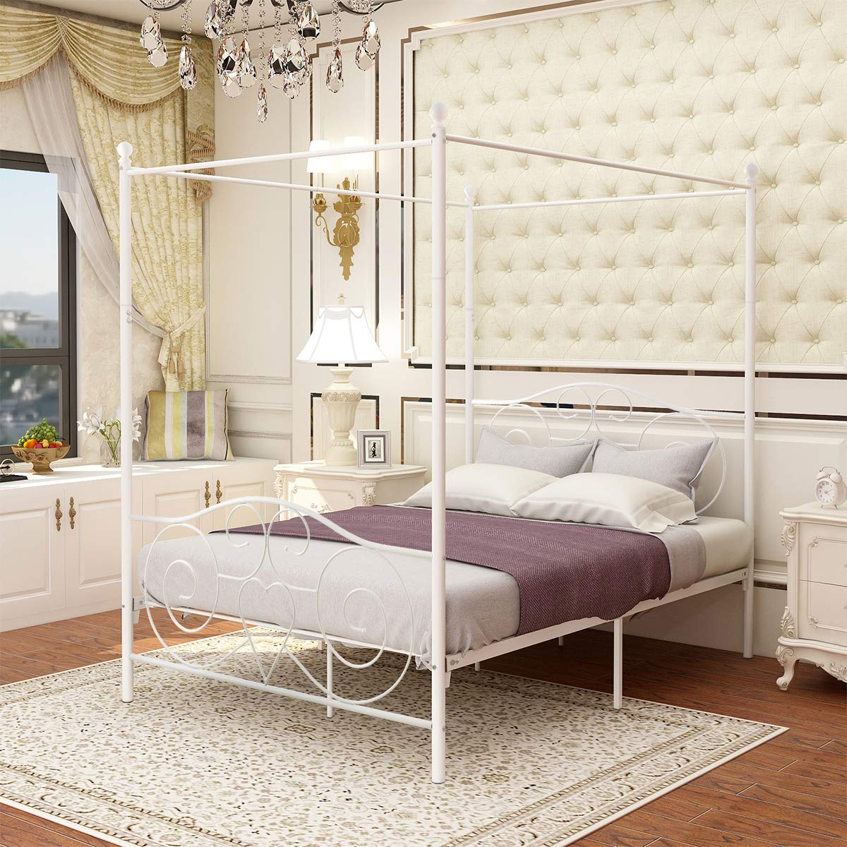 JURMERRY Full Size Canopy Bed with Sturdy Metal Frame - Premium Steel Slat Support, No Box Spring Needed, White - Perfect for Bedroom, Guest Room & Dorm Decor