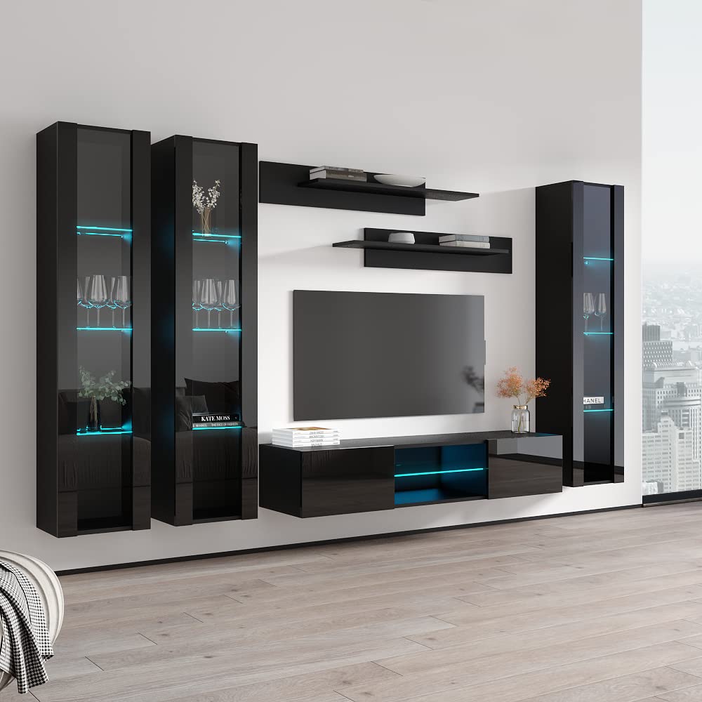 Modern Wall-Mounted TV Stand with Storage Shelves & LED Lights - Floating Entertainment Center Console for Living Room & Bedroom - Black | Perfect for Small Spaces & Home Theater Setup