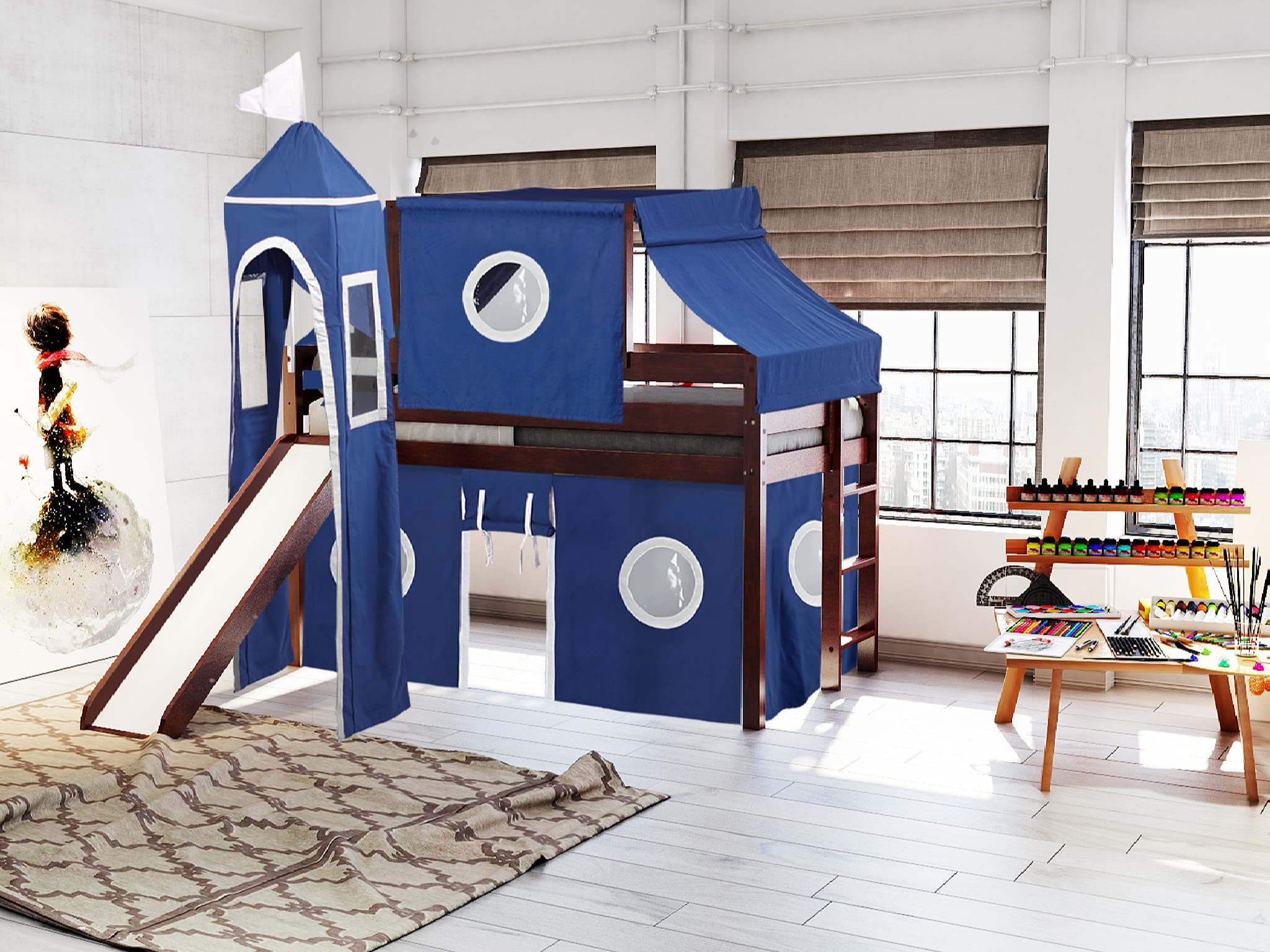 JACKPOT! Twin Size Castle Low Loft Bed with Slide - Blue & White Play Tent & Tower - Cherry Wood Finish - Perfect for Kids Bedroom & Playroom Adventures