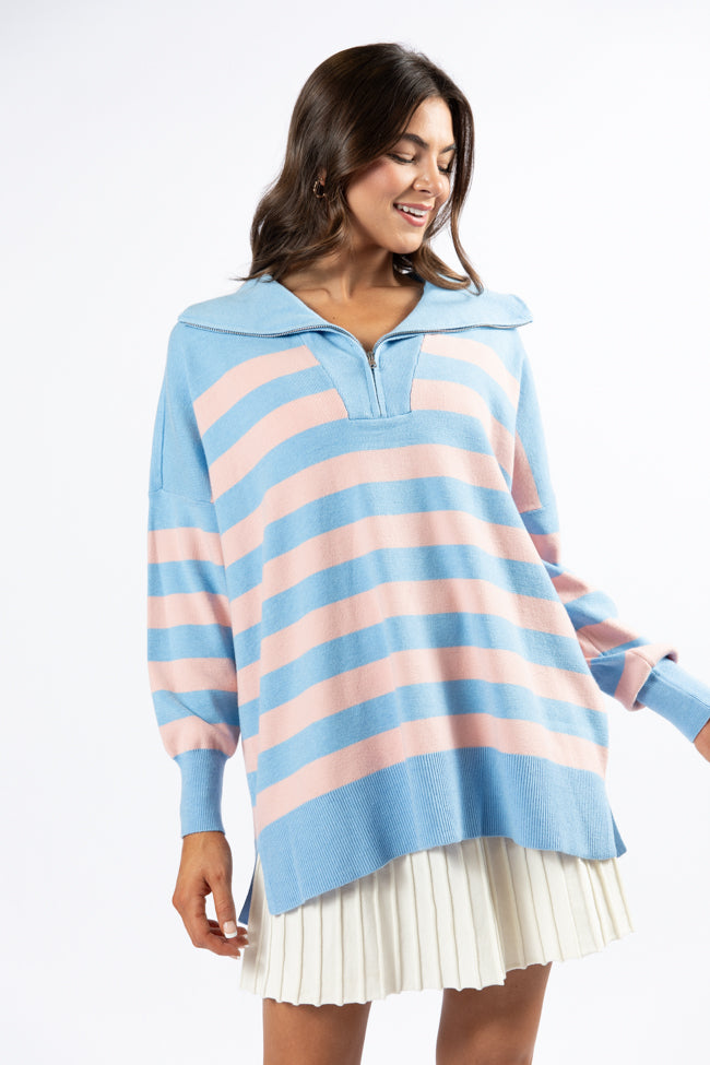 Blue and Coral Striped Quarter Zip Pullover - Soft & Stylish Pullover Sweatshirt for Women | Perfect for Casual Outings, Layering & Fall Fashion